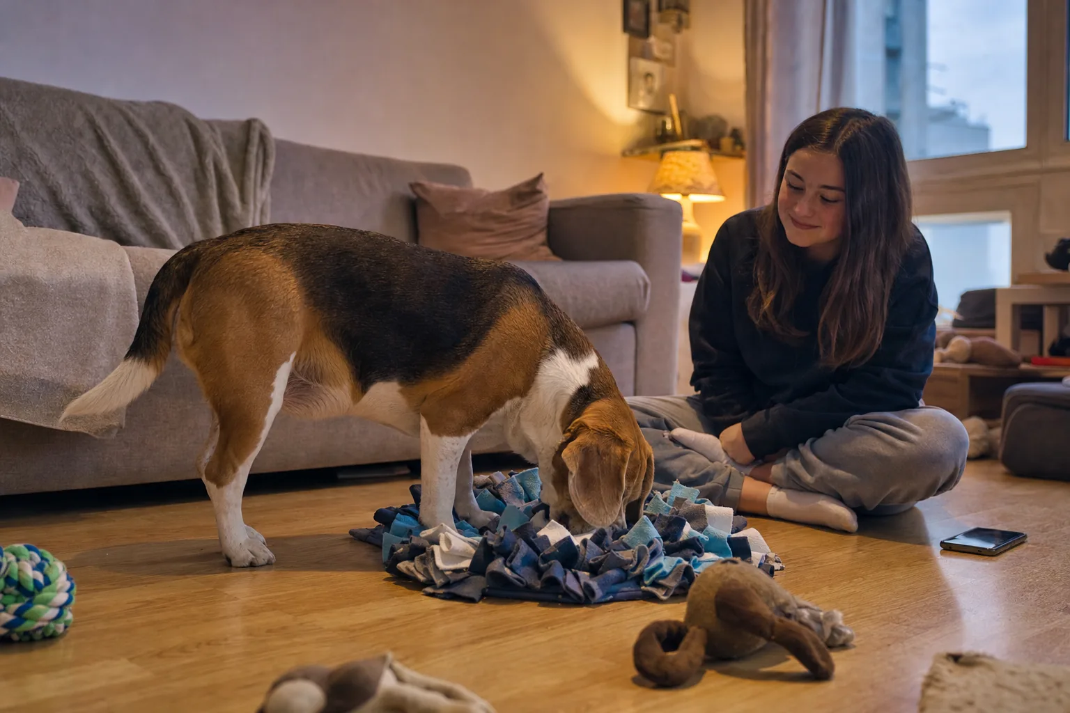 Dans un salon d’appartement, un beagle tricolore un peu enrobé cherche ses croquettes du museau dans un tapis de fouille en tissu, sous le regard d’une adolescente assise en tailleur sur le parquet.