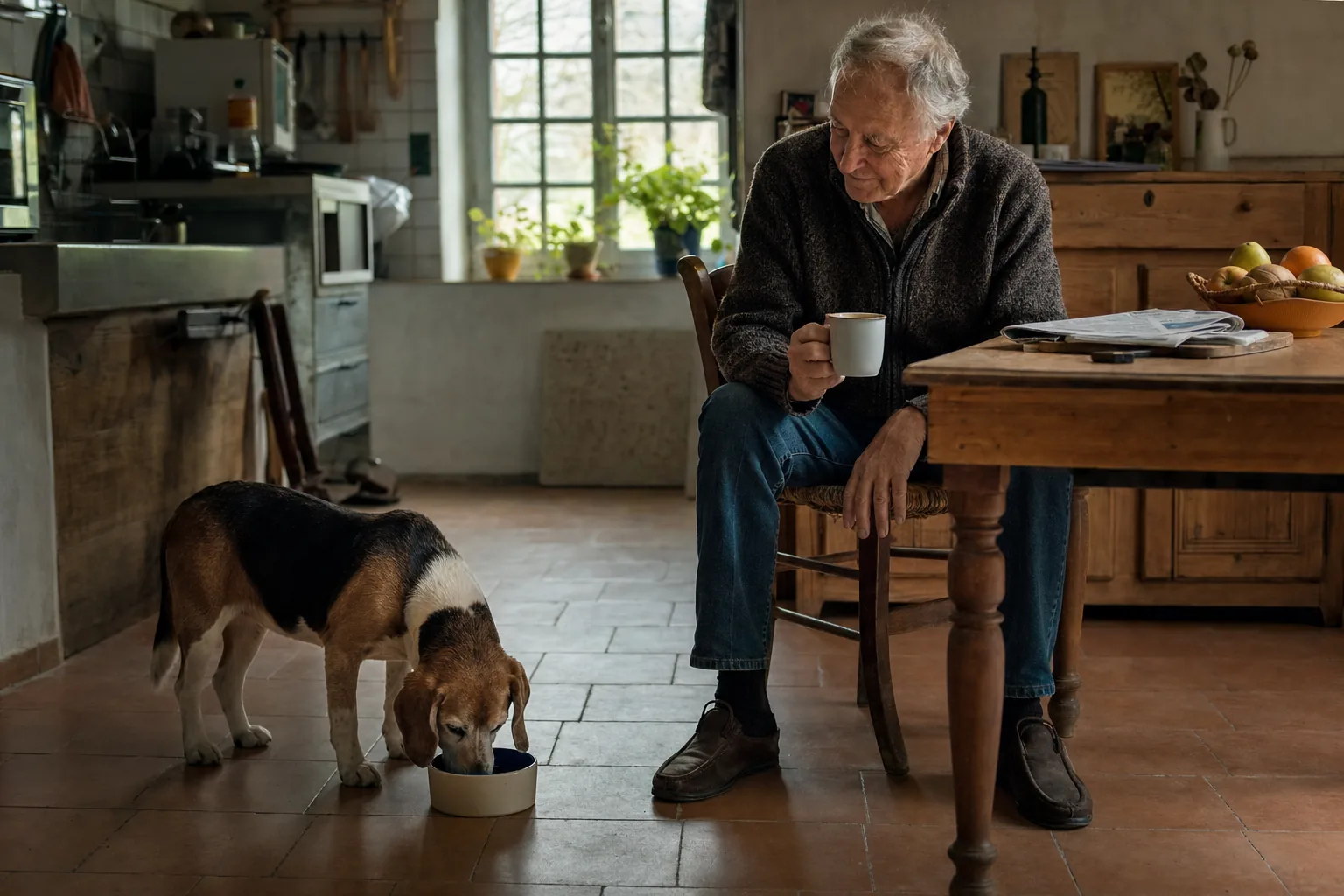 Un homme âgé assis dans sa cuisine regarde son vieux beagle manger dans une gamelle en céramique, une tasse à la main.