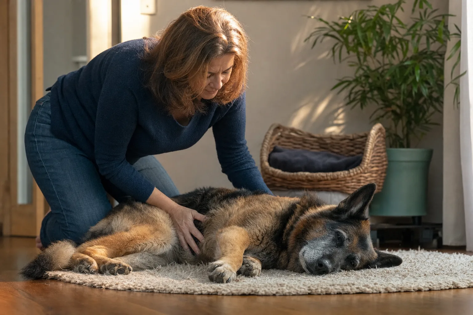 Une femme agenouillée pose les mains sur le flanc et le dos de son vieux berger allemand couché sur un tapis.
