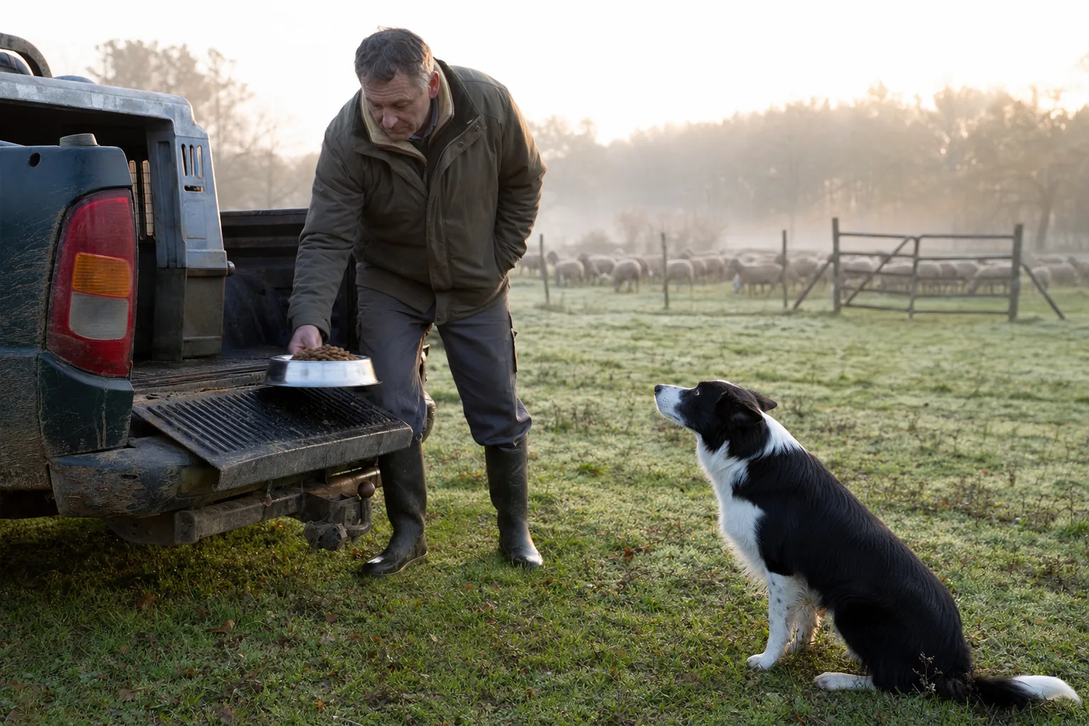 Au petit matin, dans une prairie embrumée, un berger en veste de travail et bottes pose une gamelle en inox à moitié pleine de croquettes sur le hayon d’un vieux pick-up, son border collie noir et blanc assis dans l’herbe qui le regarde, un troupeau de brebis derrière la clôture.