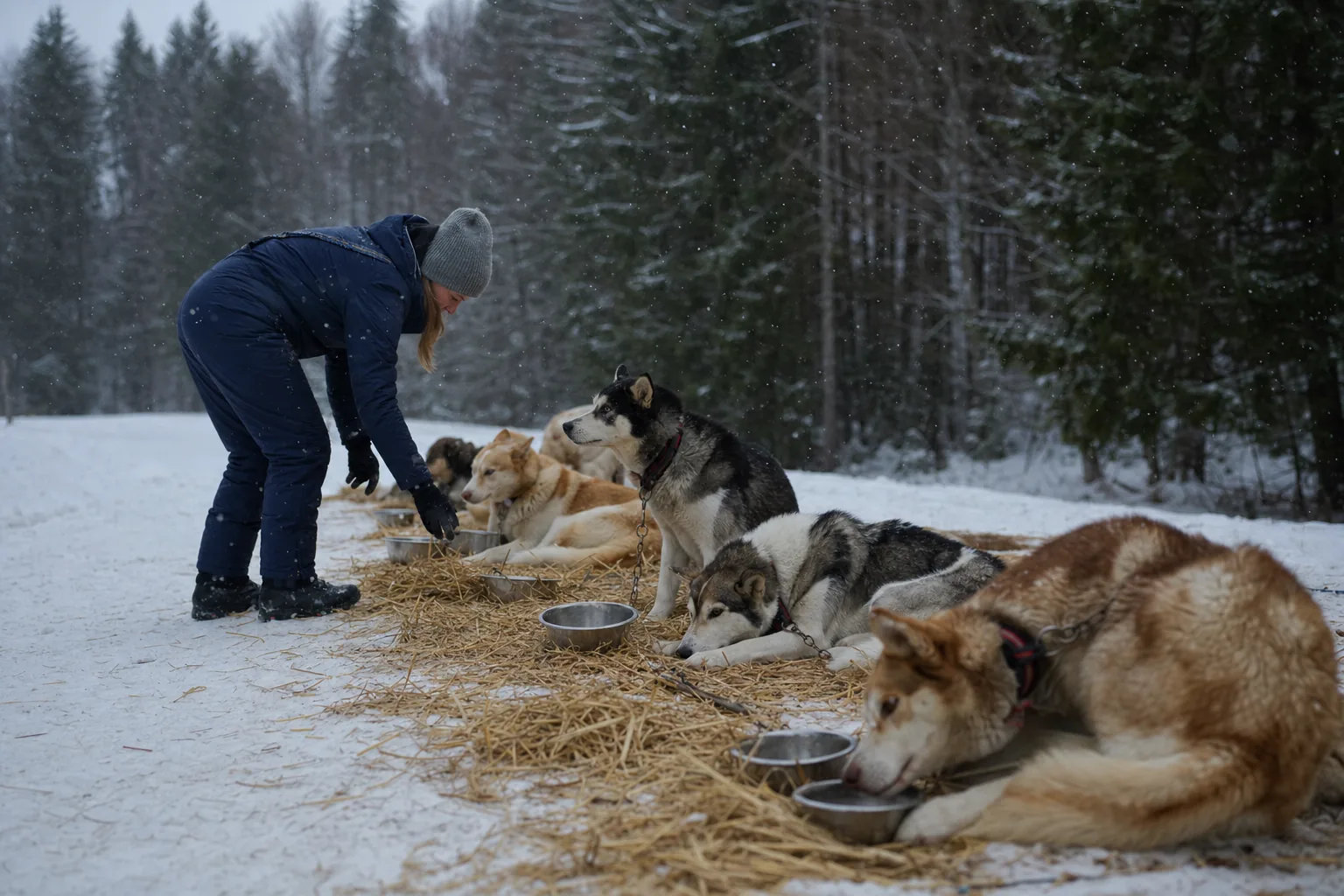 Dans une forêt de sapins sous la neige, une musheuse en combinaison bleu marine et bonnet gris pose des gamelles en inox devant une rangée de huskies d’Alaska couchés sur la paille, attachés à une ligne.