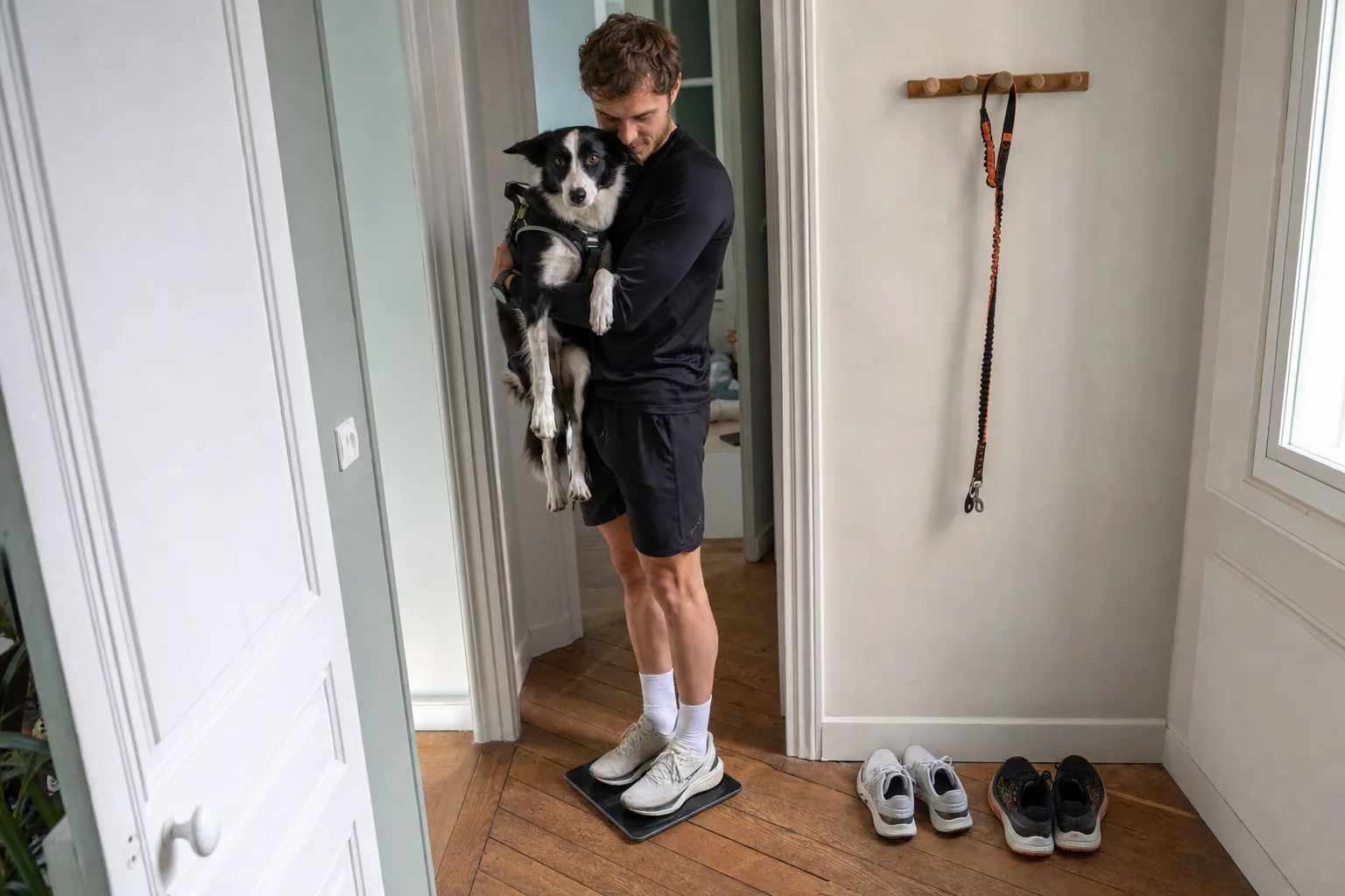 Dans l’entrée d’un appartement au parquet ancien, un jeune homme en tenue de course monte sur un pèse-personne en tenant dans ses bras son border collie noir et blanc en harnais, une laisse élastique accrochée à la patère.