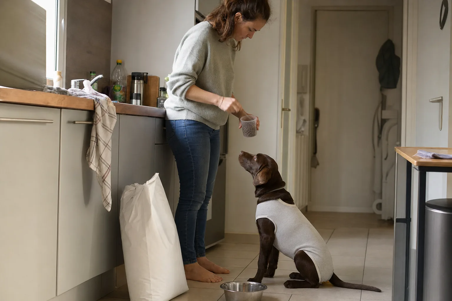 Dans une cuisine d’appartement, une femme en pull gris dose des croquettes dans un gobelet au-dessus d’une gamelle en inox, sa jeune chienne labrador chocolat assise en body de protection après l’opération, la tête levée vers elle.