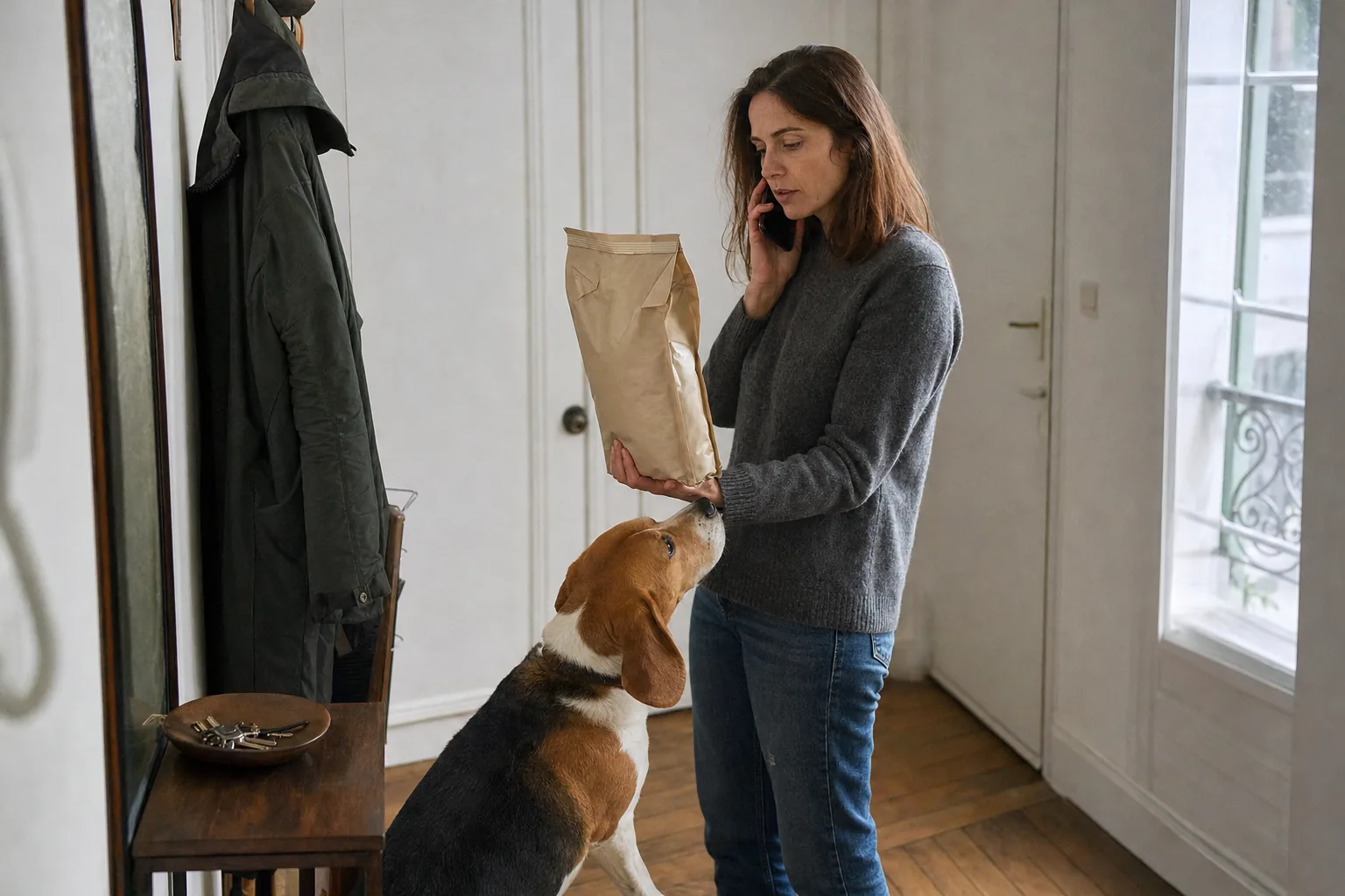 Dans l’entrée d’un appartement ancien, une femme au téléphone tient un sac de croquettes en papier kraft et en regarde le dos, sa chienne beagle tricolore qui renifle le bas du sac.
