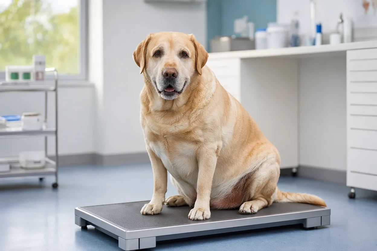 Labrador un peu enrobé assis sur une balance de vétérinaire dans une clinique lumineuse