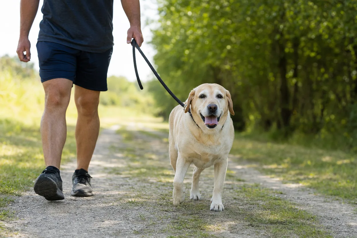 Labrador un peu enrobé en promenade active sur un chemin avec son maître le matin