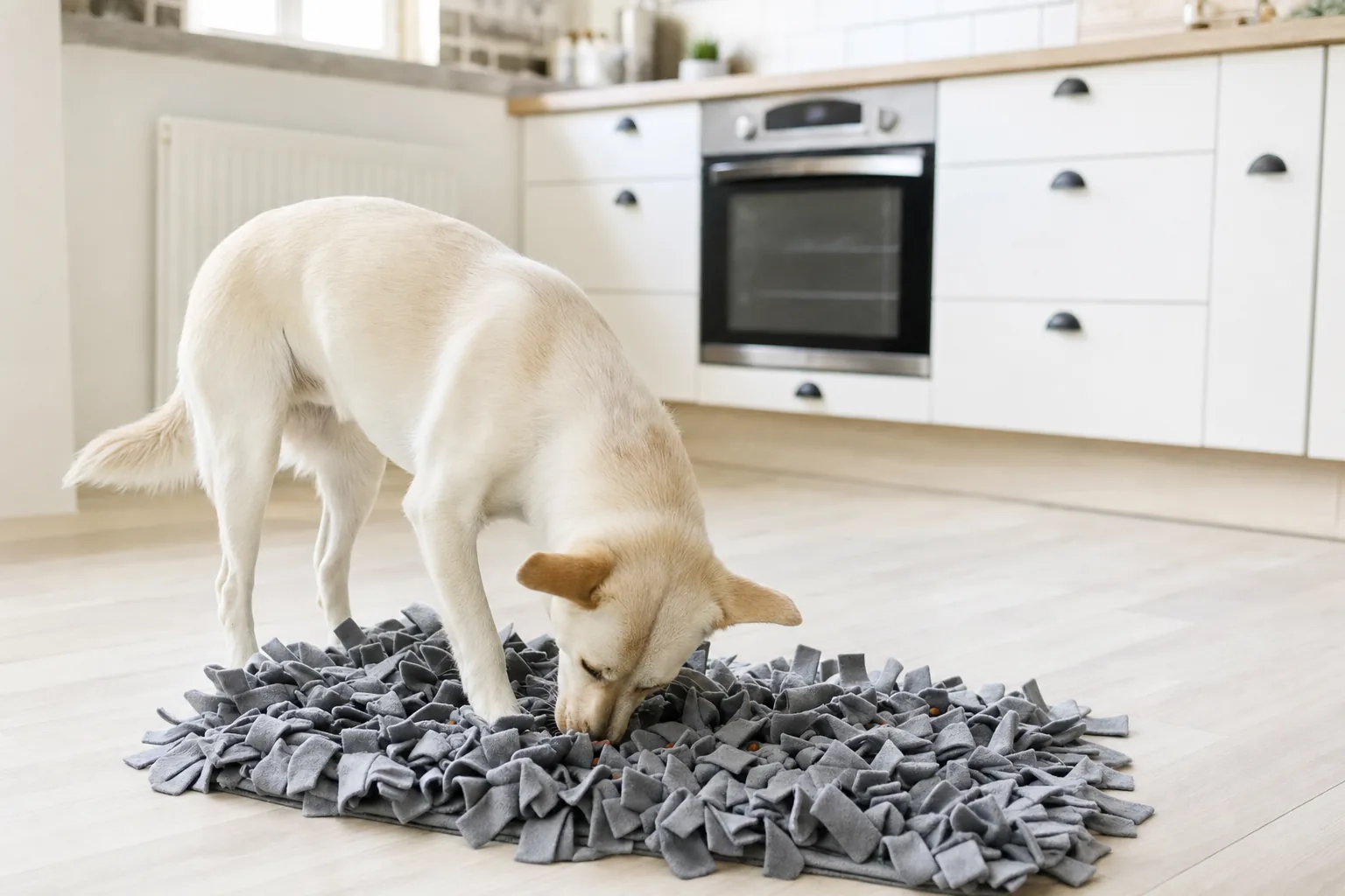 Chien crème le museau plongé dans un tapis de fouille gris, dans une cuisine claire