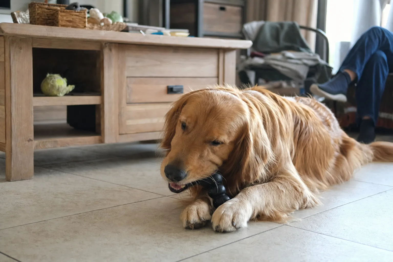 Golden retriever couché qui mâche un jouet de mastication solide, balle rongée rangée sur une étagère