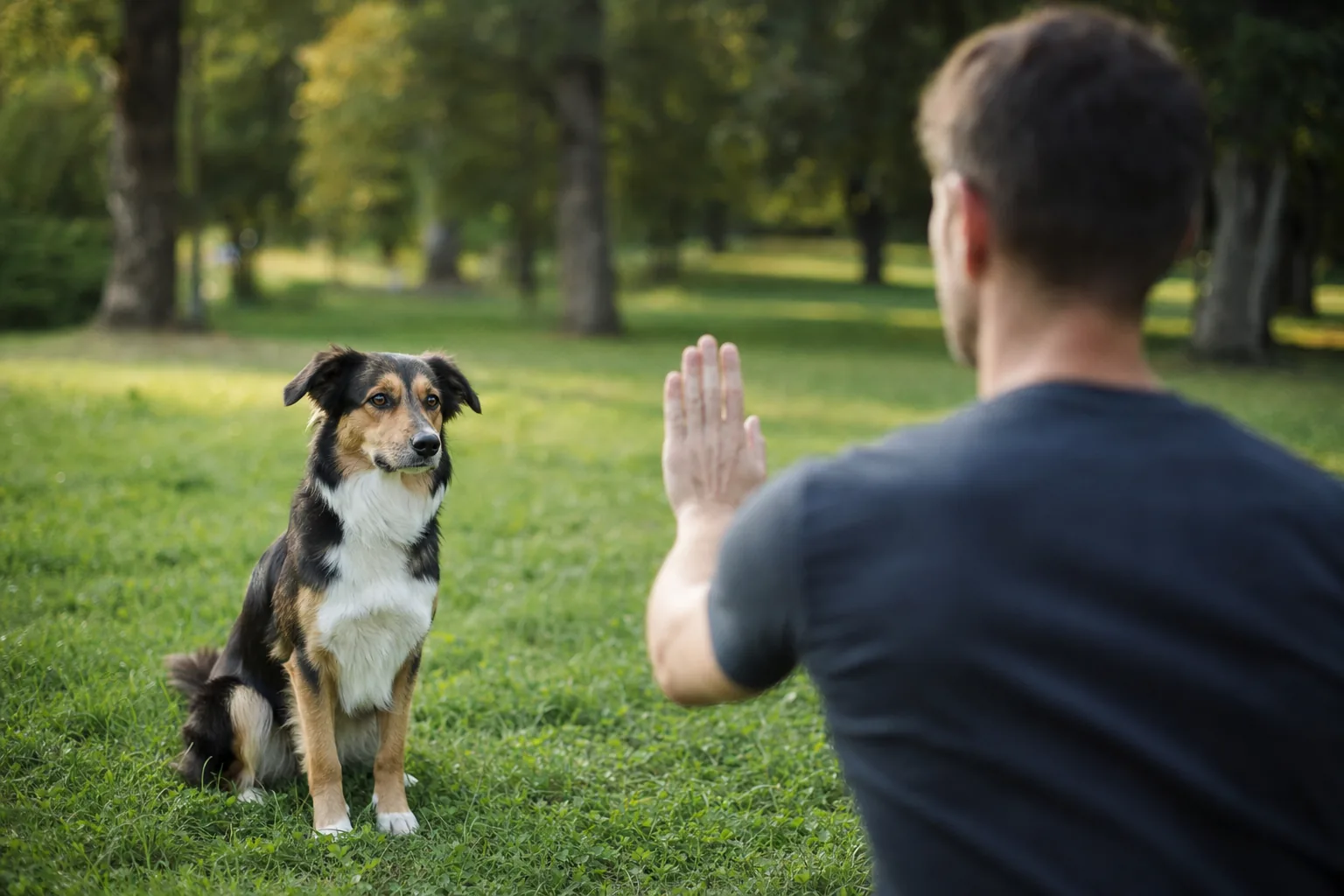 Chien assis face à son maître qui lui donne un signal de la main dans un parc