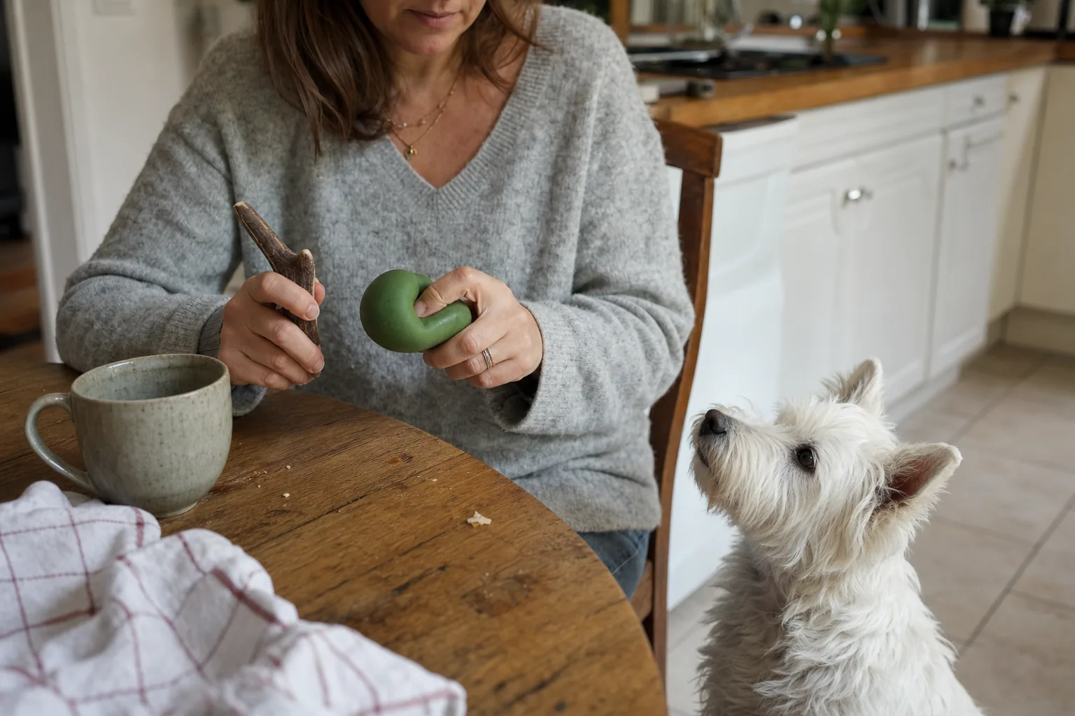 Dans une cuisine, une femme assise à une table en bois tient un morceau de bois de cerf et enfonce le pouce dans un jouet à mâcher vert en caoutchouc souple, sous le regard d’un west highland white terrier assis à ses pieds