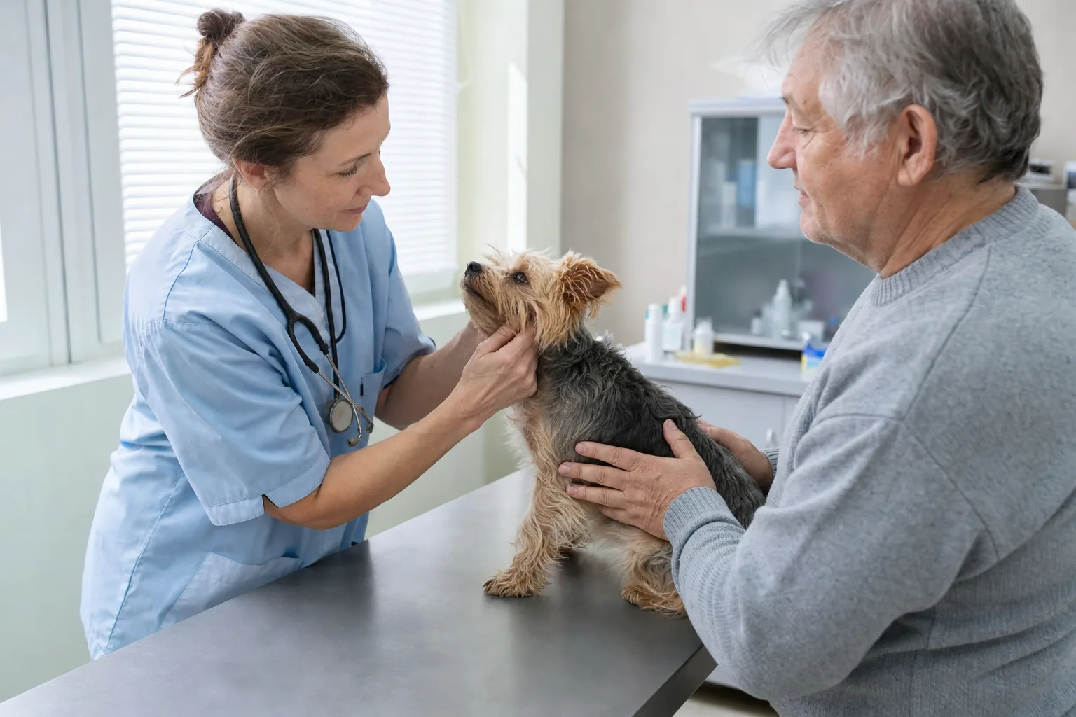Dans un cabinet vétérinaire, une vétérinaire en blouse bleu clair palpe doucement le cou d’un yorkshire terrier posé sur la table d’examen, que son propriétaire aux cheveux gris tient par le dos