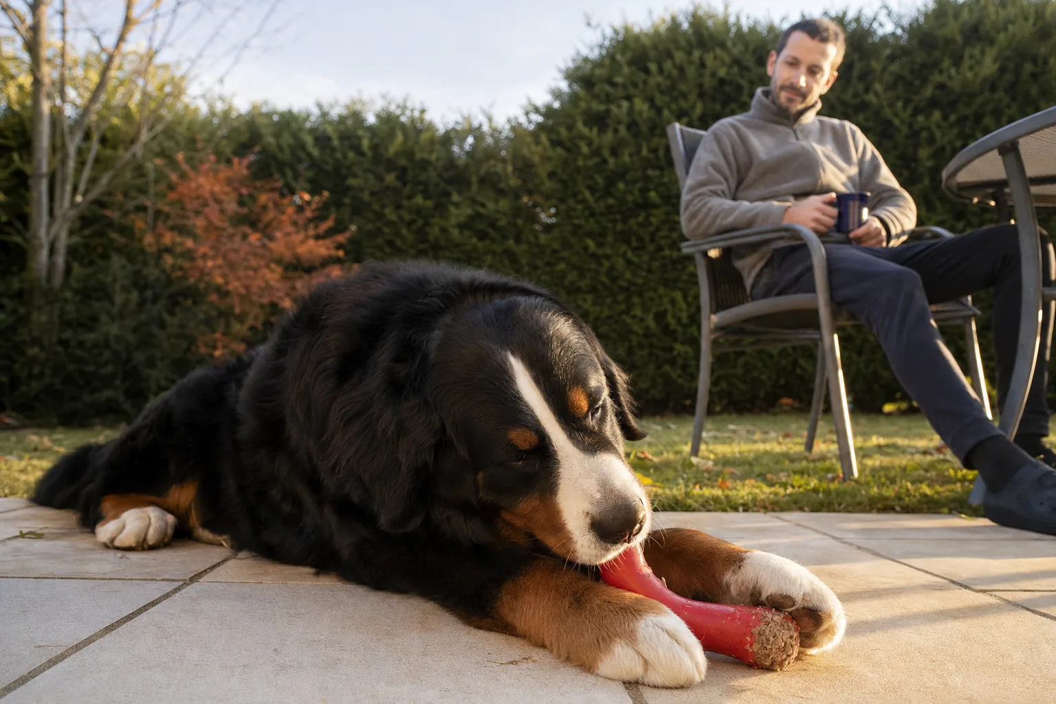 Sur la terrasse d’un pavillon en automne, un bouvier bernois couché mâche un jouet rouge en caoutchouc souple garni de pâtée, pendant que son maître le regarde, assis sur une chaise de jardin avec un mug