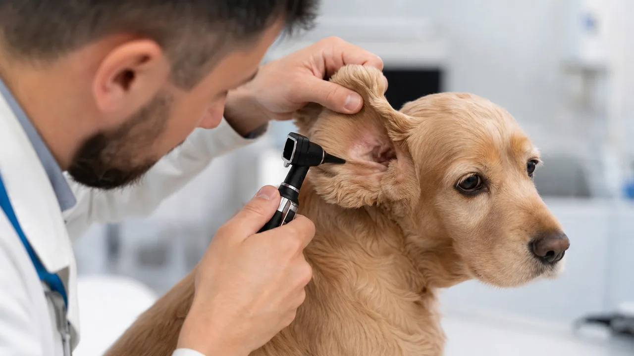 Vétérinaire examinant au otoscope l'oreille d'un cocker en consultation