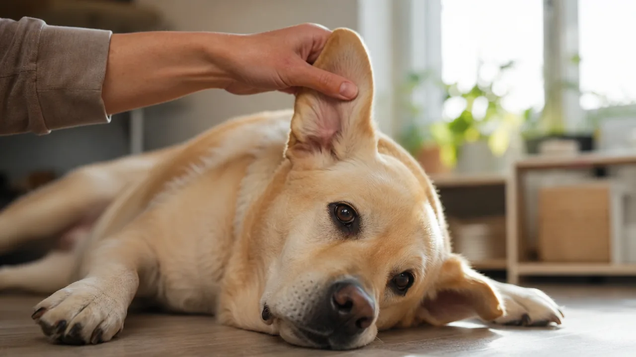 Propriétaire inspectant l'oreille d'un labrador couché qui secoue la tête