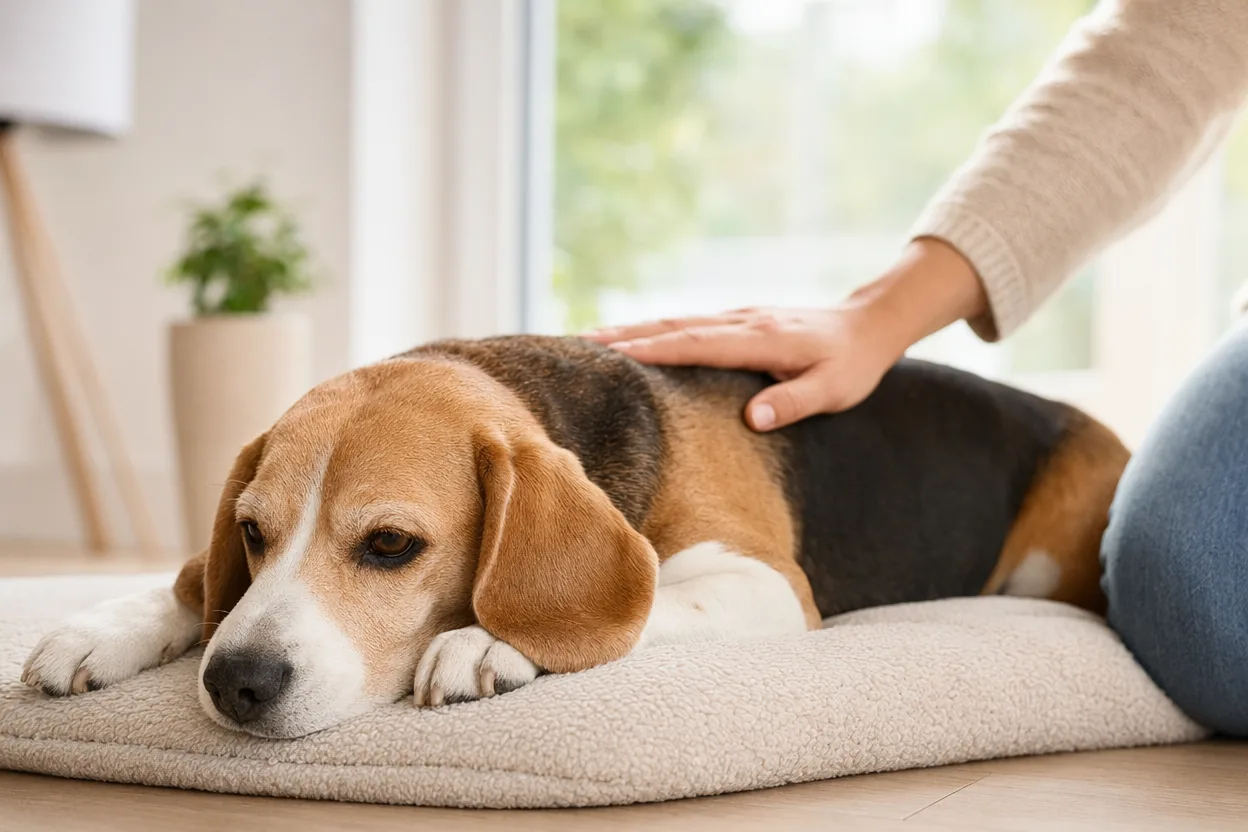Beagle abattu allongé sur un couchage, réconforté par une main posée doucement sur son dos
