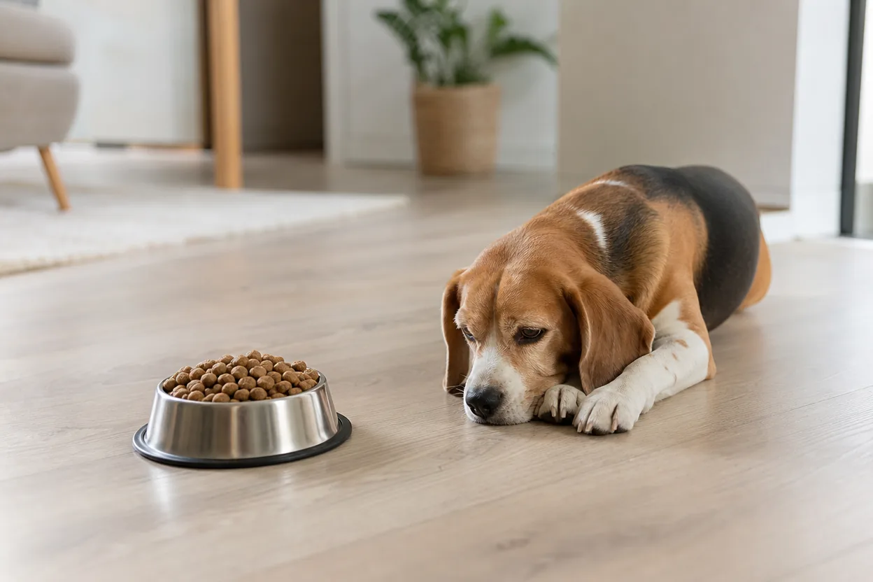 Gamelle pleine et intacte au sol, un beagle couché à côté qui s'en détourne