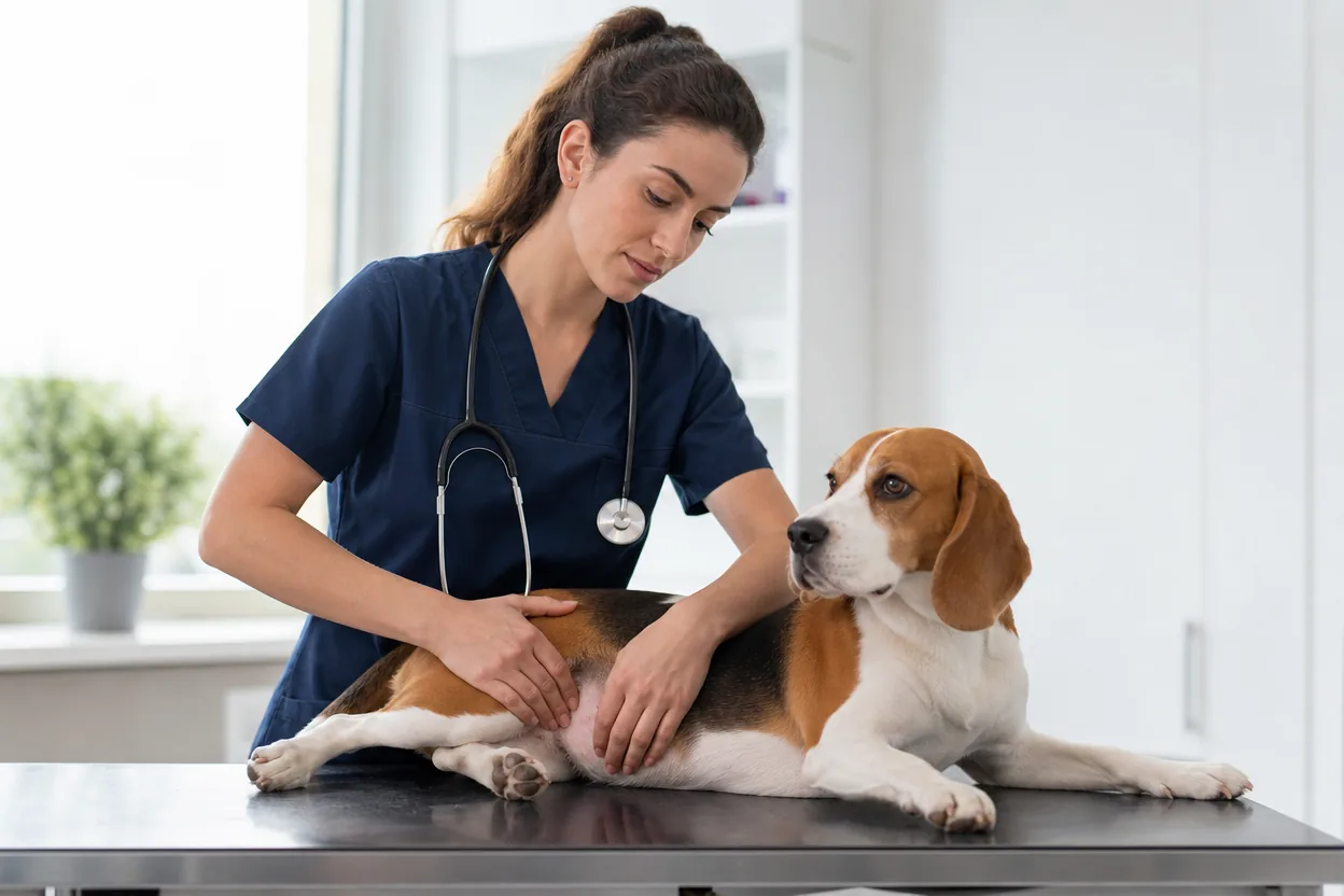 Vétérinaire palpant doucement l'abdomen d'un beagle sur une table d'examen