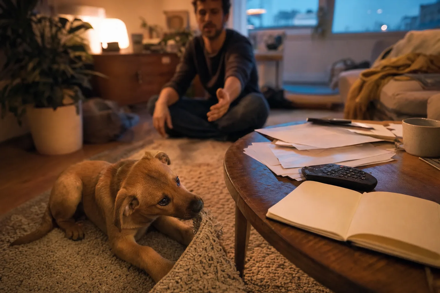 Un chiot croisé au poil fauve mordille le bord d’un tapis de salon, des feuilles et un carnet ouvert sur des pages vierges posés sur la table basse, un homme assis au sol en arrière-plan