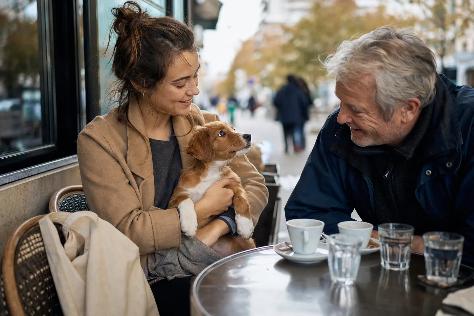 Sur la terrasse d’un café de quartier en automne, une jeune femme tient dans ses bras un chiot roux et blanc qui lève les yeux vers un homme aux cheveux gris attablé à côté d’elle, penché vers lui en souriant