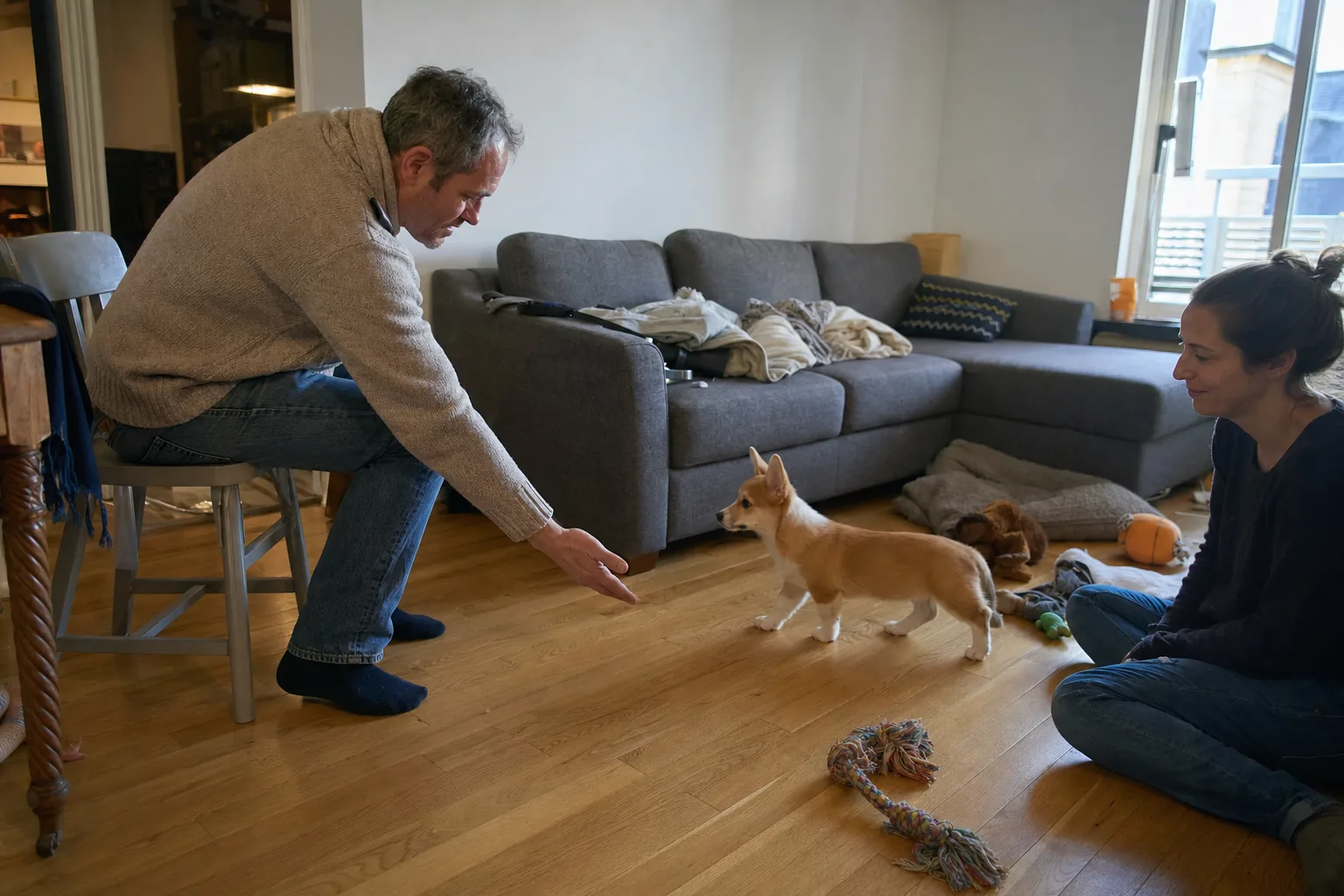 Dans un salon au parquet clair, un homme assis sur une chaise de cuisine tend la main vers un chiot welsh corgi pembroke fauve et blanc qui s’approche, pendant que sa maîtresse l’observe, assise par terre