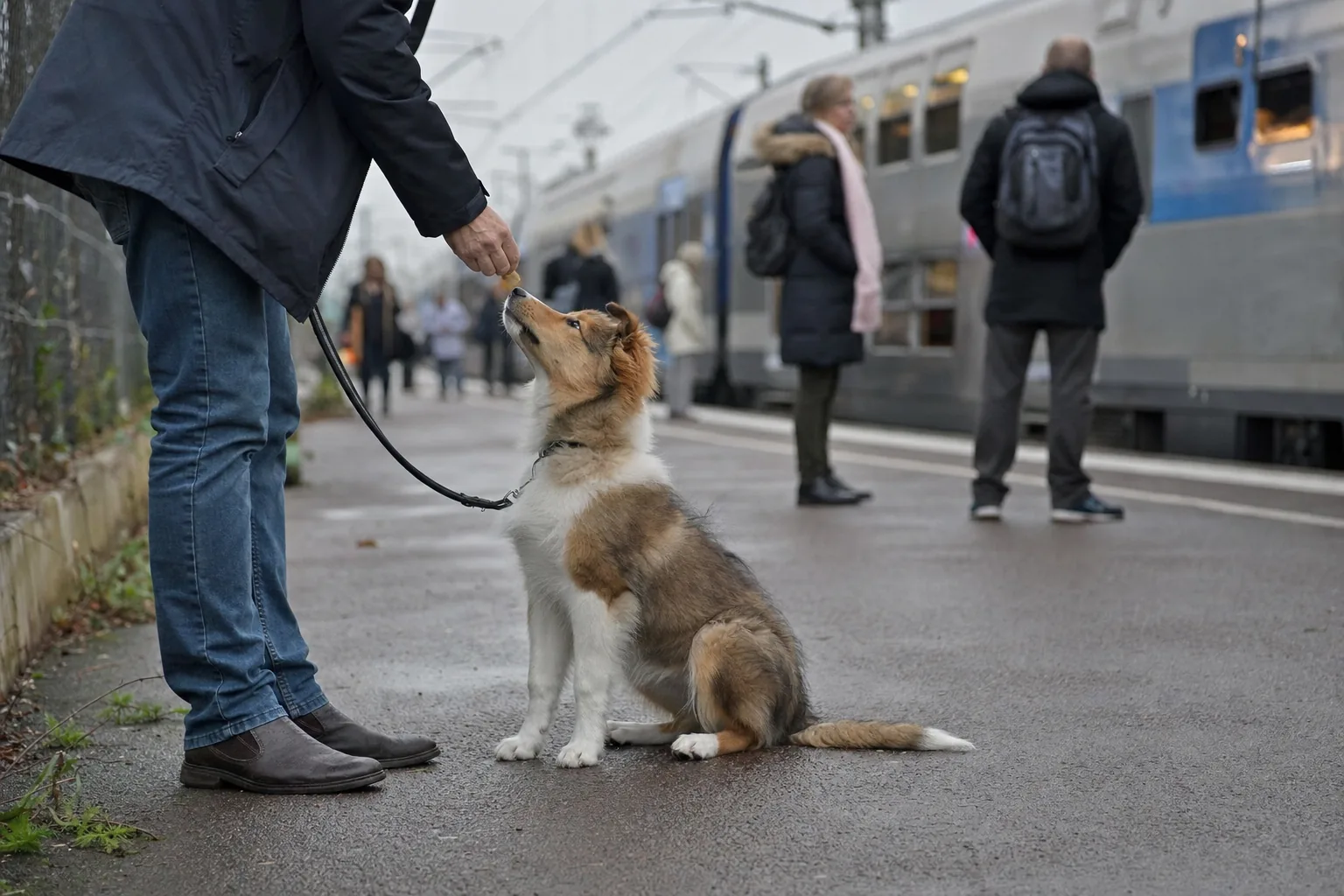 Sur le quai d’une gare de banlieue par un matin gris, un jeune berger des Shetland assis en laisse lève le museau vers la friandise que lui tend son maître, des voyageurs attendant devant un train à quai