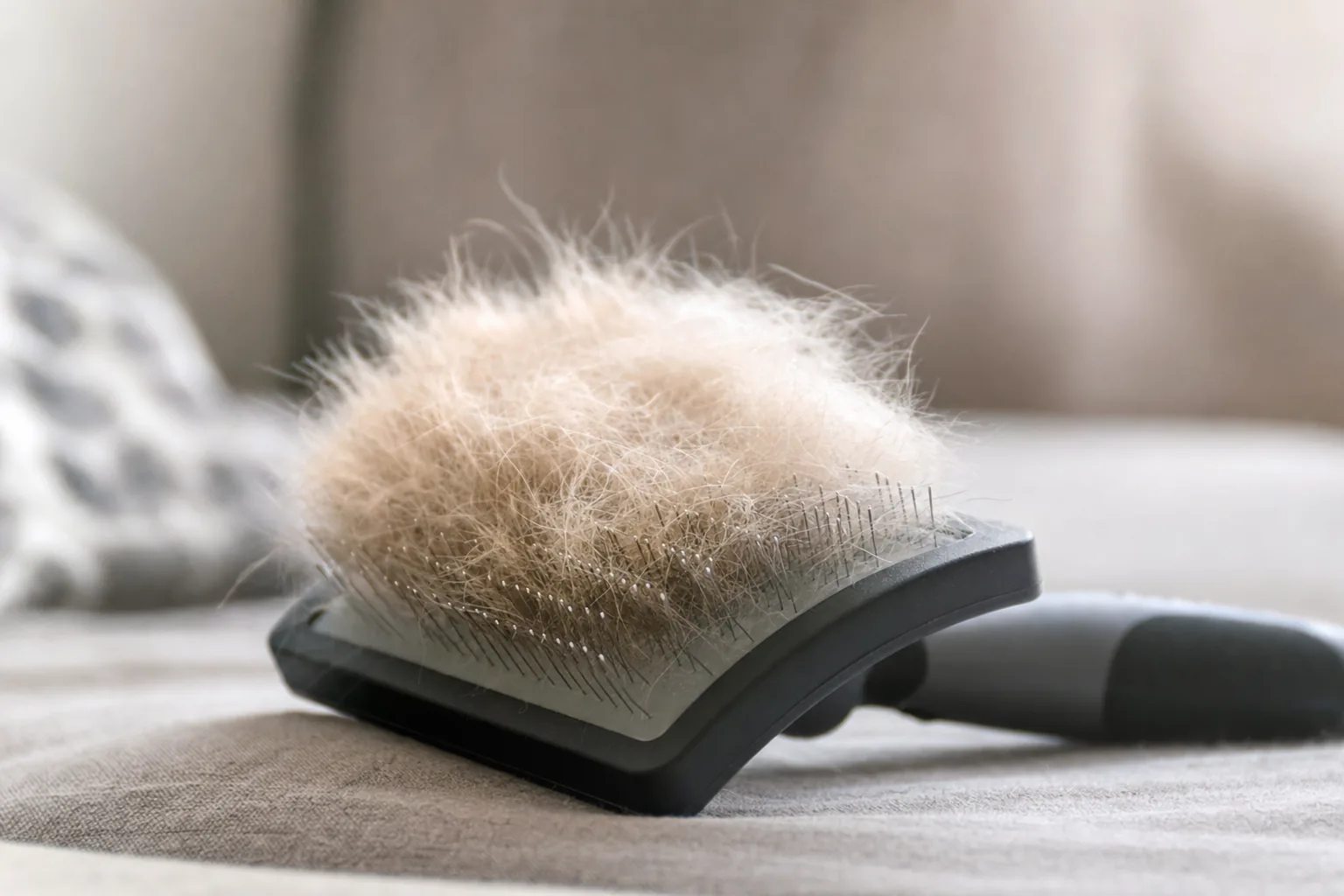 Brosse remplie de poils après le brossage d'un chien