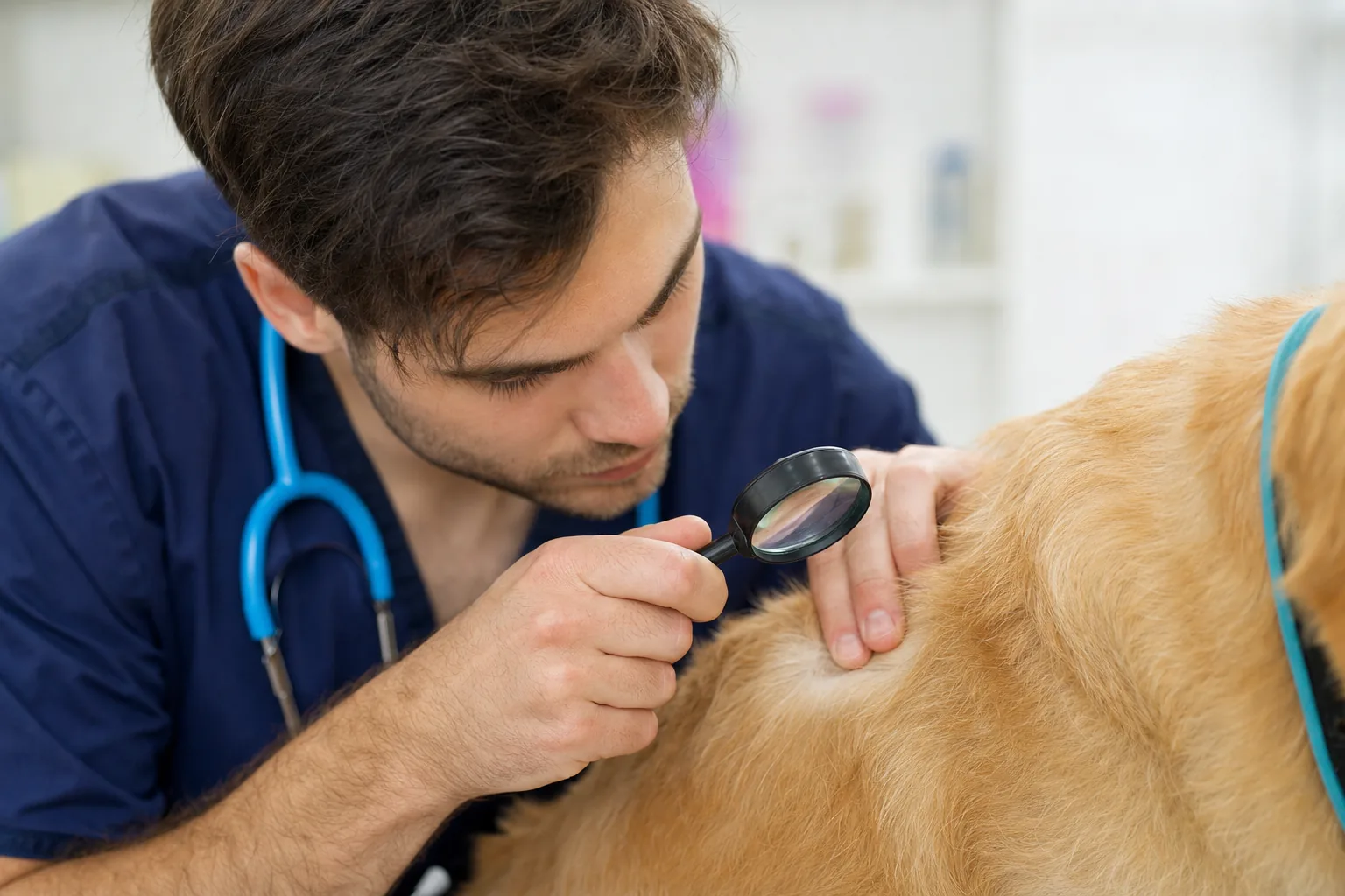 Vétérinaire examinant la peau d'un chien à la loupe