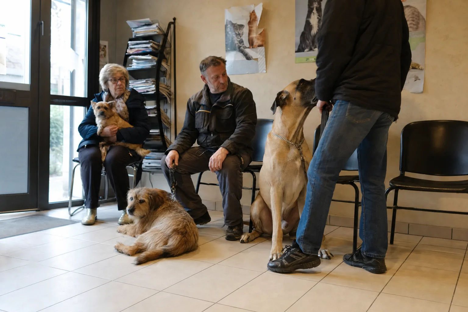 Salle d’attente d’un cabinet vétérinaire, trois chiens de tailles très différentes patientent avec leurs maîtres, un petit croisé sur les genoux d’une femme, un chien moyen couché au sol et un dogue assis contre la jambe de son maître