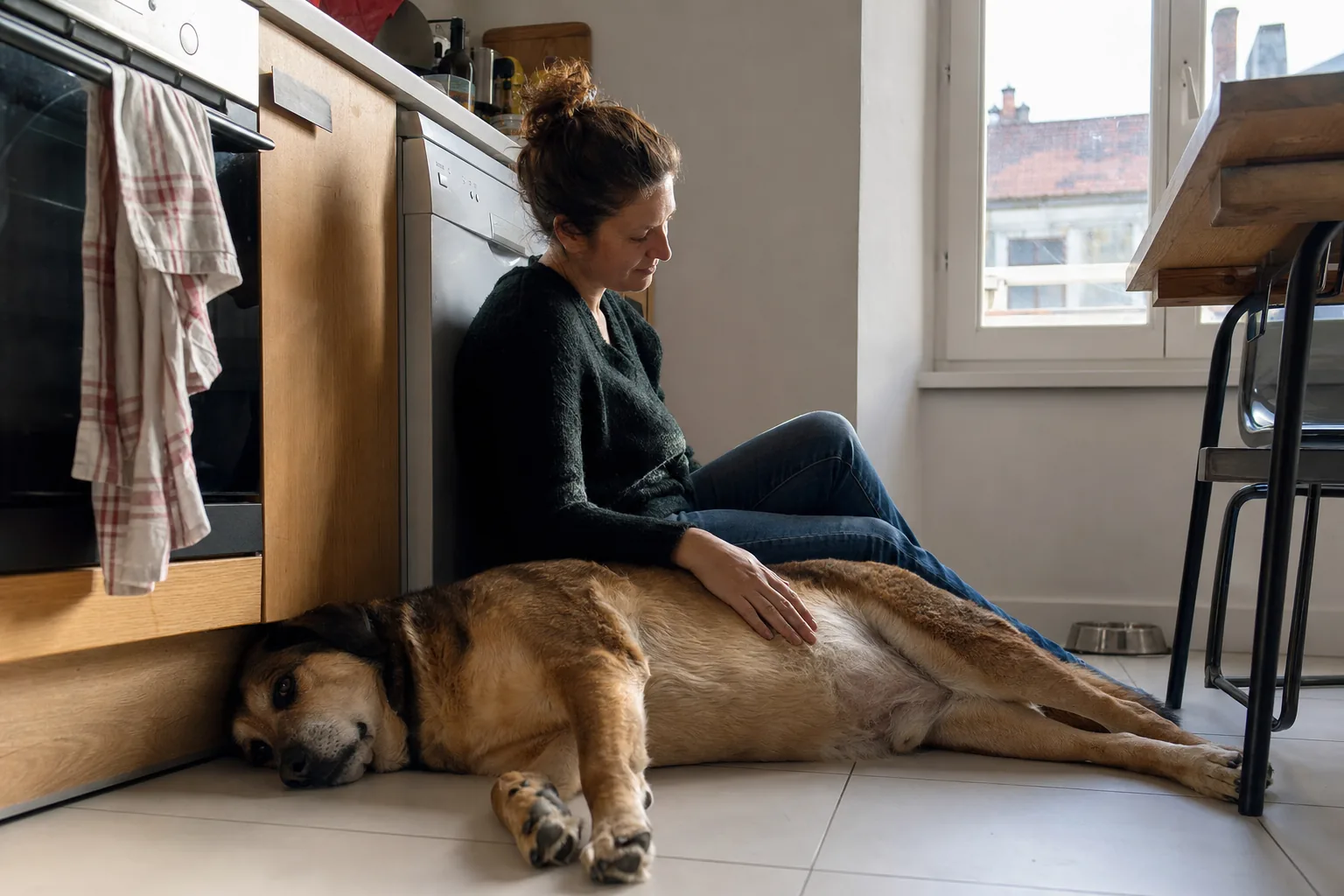 Grand chien croisé au museau grisonnant allongé sur le carrelage d’une cuisine, une femme assise par terre à côté de lui, la main posée sur son flanc