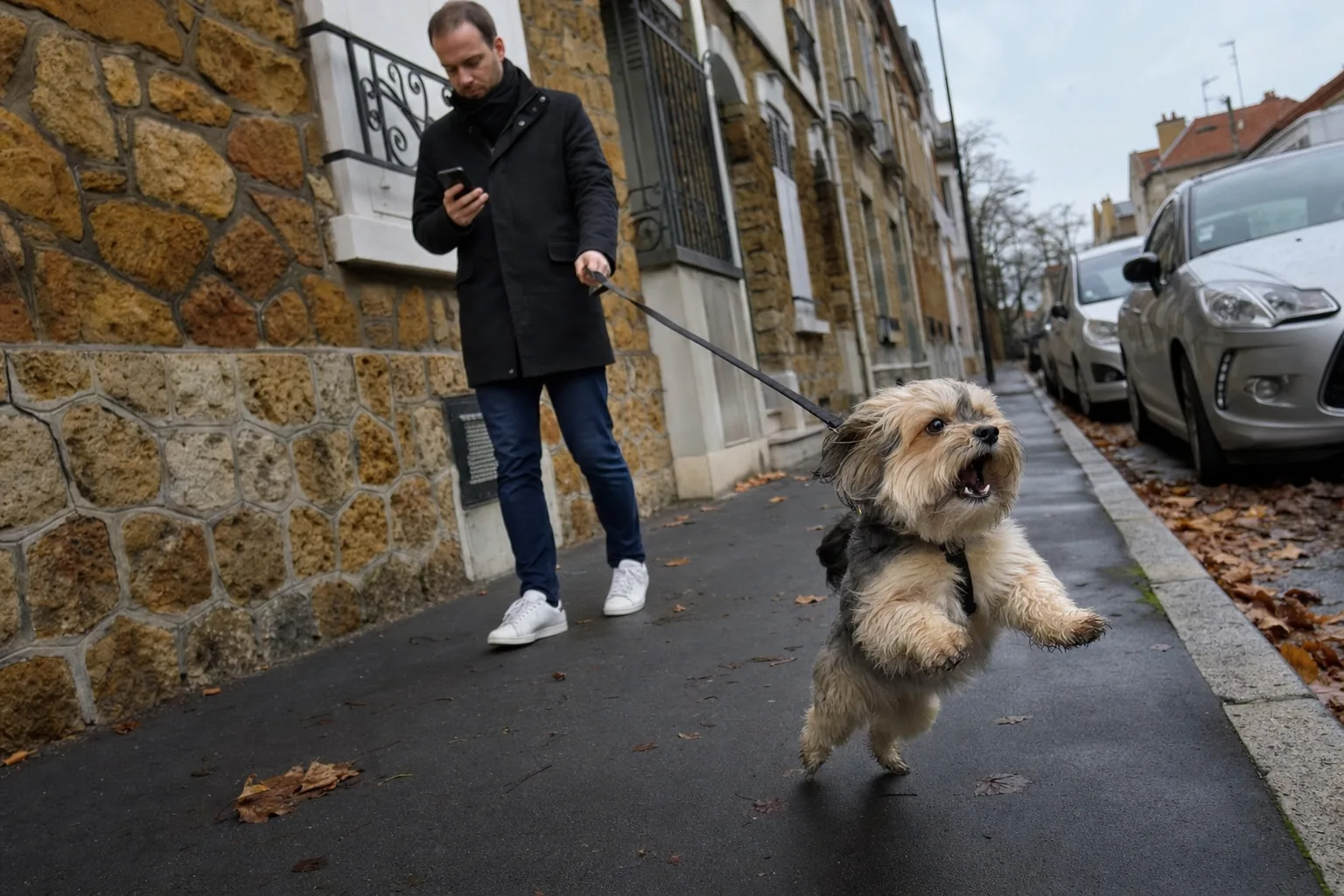 Petit chien croisé à poil long qui tire sur sa laisse, pattes avant décollées du trottoir, pendant que son maître marche derrière en regardant son téléphone