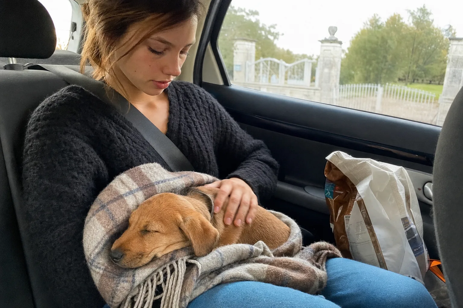 Sur la banquette arrière d’une voiture garée devant le portail d’une maison de campagne, une jeune femme tient sur ses genoux un chiot fauve de huit semaines endormi dans un plaid à carreaux, un sac de croquettes posé à côté d’elle