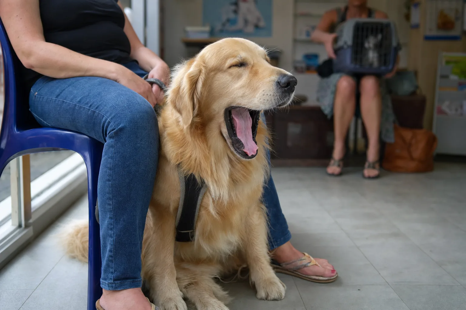 Dans une salle d’attente vétérinaire, un golden retriever en harnais assis contre les jambes de sa maîtresse bâille, gueule grande ouverte