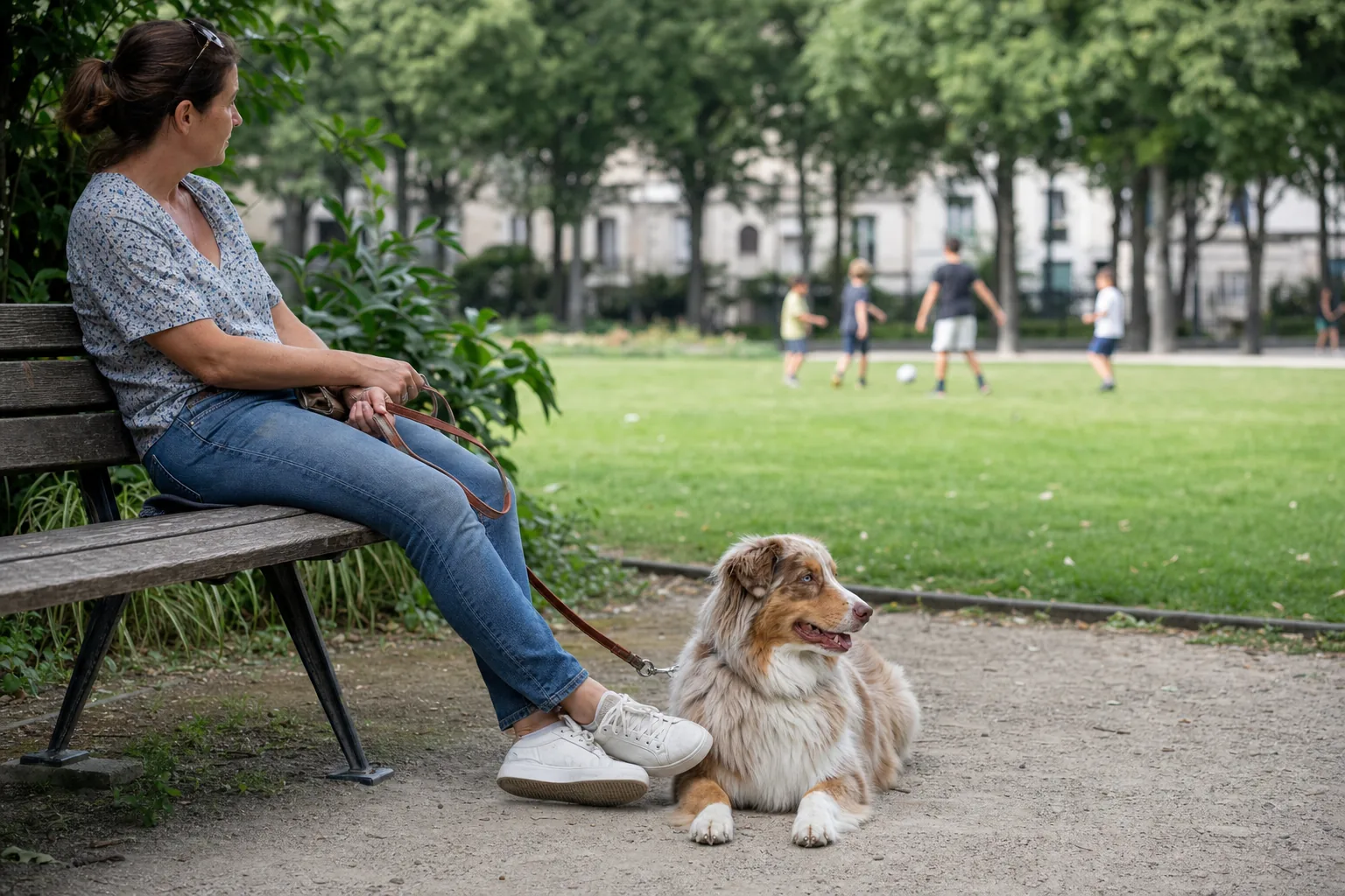 Dans un parc, une femme assise sur un banc tient une laisse détendue, son berger australien couché à ses pieds à l’écart d’enfants qui jouent au ballon