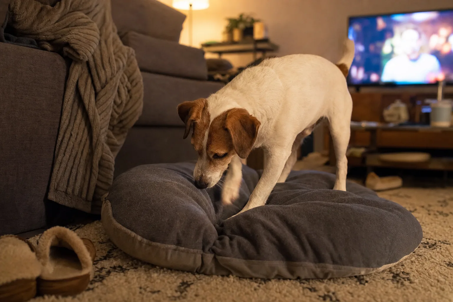Dans un salon le soir, un jack russell debout sur un gros coussin gris au pied du canapé gratte la housse de la patte avant, tête baissée