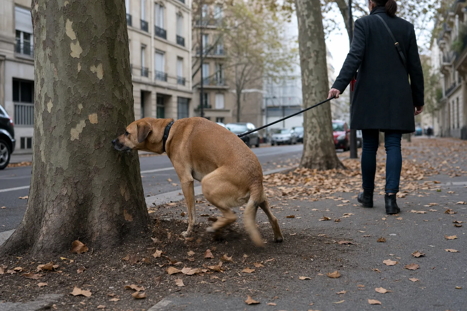 Sur un trottoir d’automne, un chien croisé fauve tenu en laisse gratte la terre des pattes arrière au pied d’un platane, feuilles projetées derrière lui