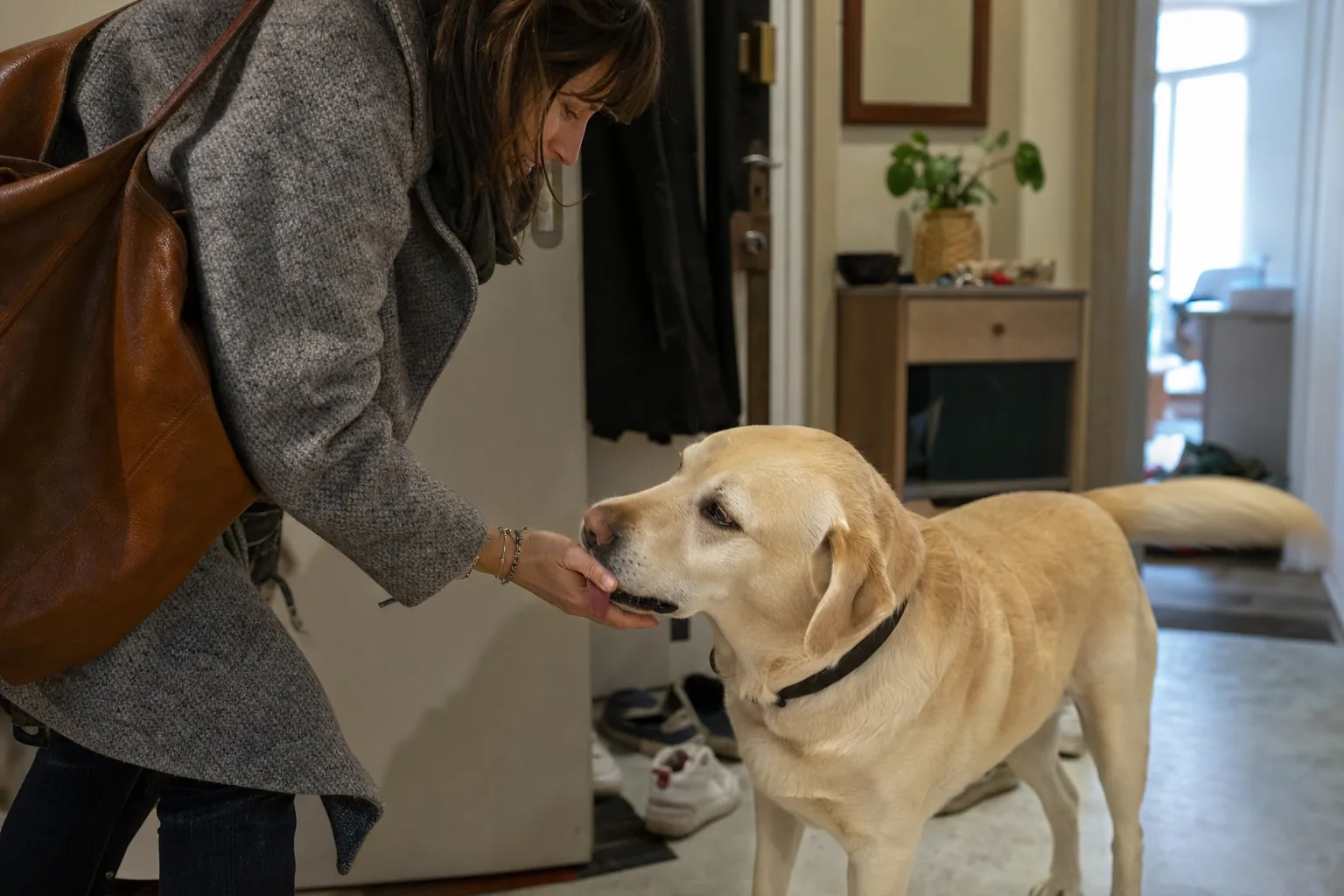 Dans l’entrée d’un appartement, un labrador sable lèche la main tendue d’une femme en manteau qui vient de rentrer, sac à l’épaule