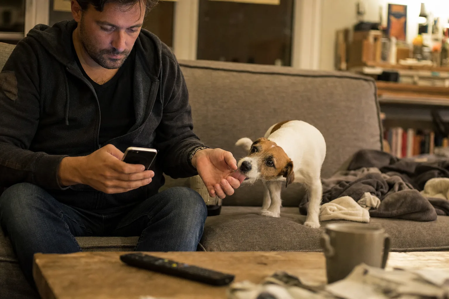 Le soir sur un canapé, un jack russell debout lèche la main d’un homme assis qui regarde son téléphone sans le regarder