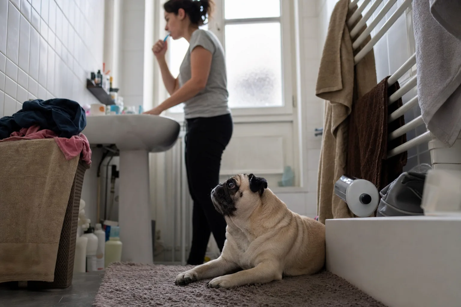 Dans une petite salle de bains d’appartement, un carlin couché sur le tapis de bain lève la tête vers une femme qui se brosse les dents devant le lavabo
