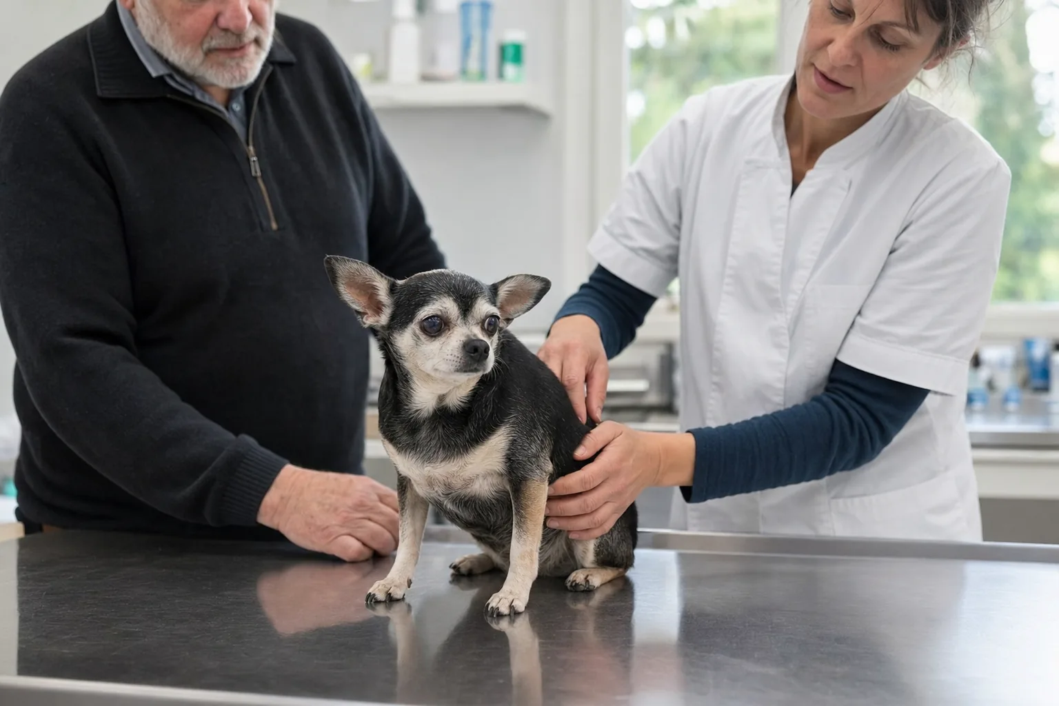 Un vieux chihuahua au museau blanchi, assis sur la table d’examen d’un cabinet vétérinaire, entre son maître âgé et une vétérinaire qui lui palpe le dos