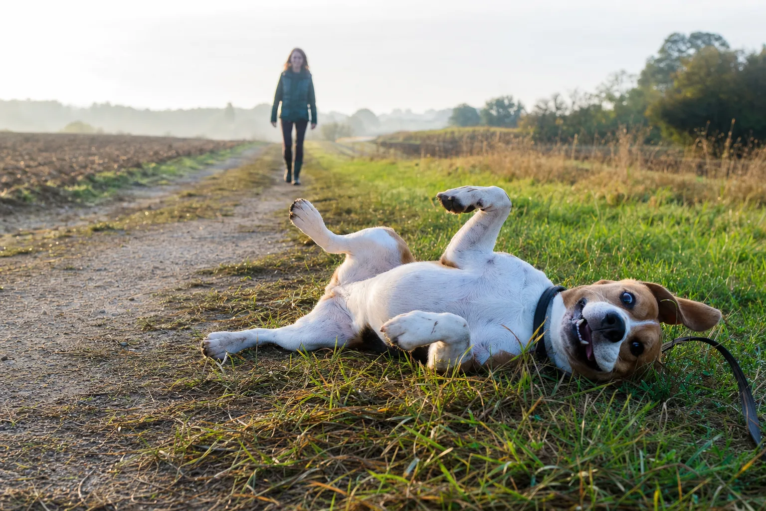 Beagle couché sur le dos qui se roule dans l’herbe du bas-côté d’un chemin de terre, une promeneuse au loin dans la brume