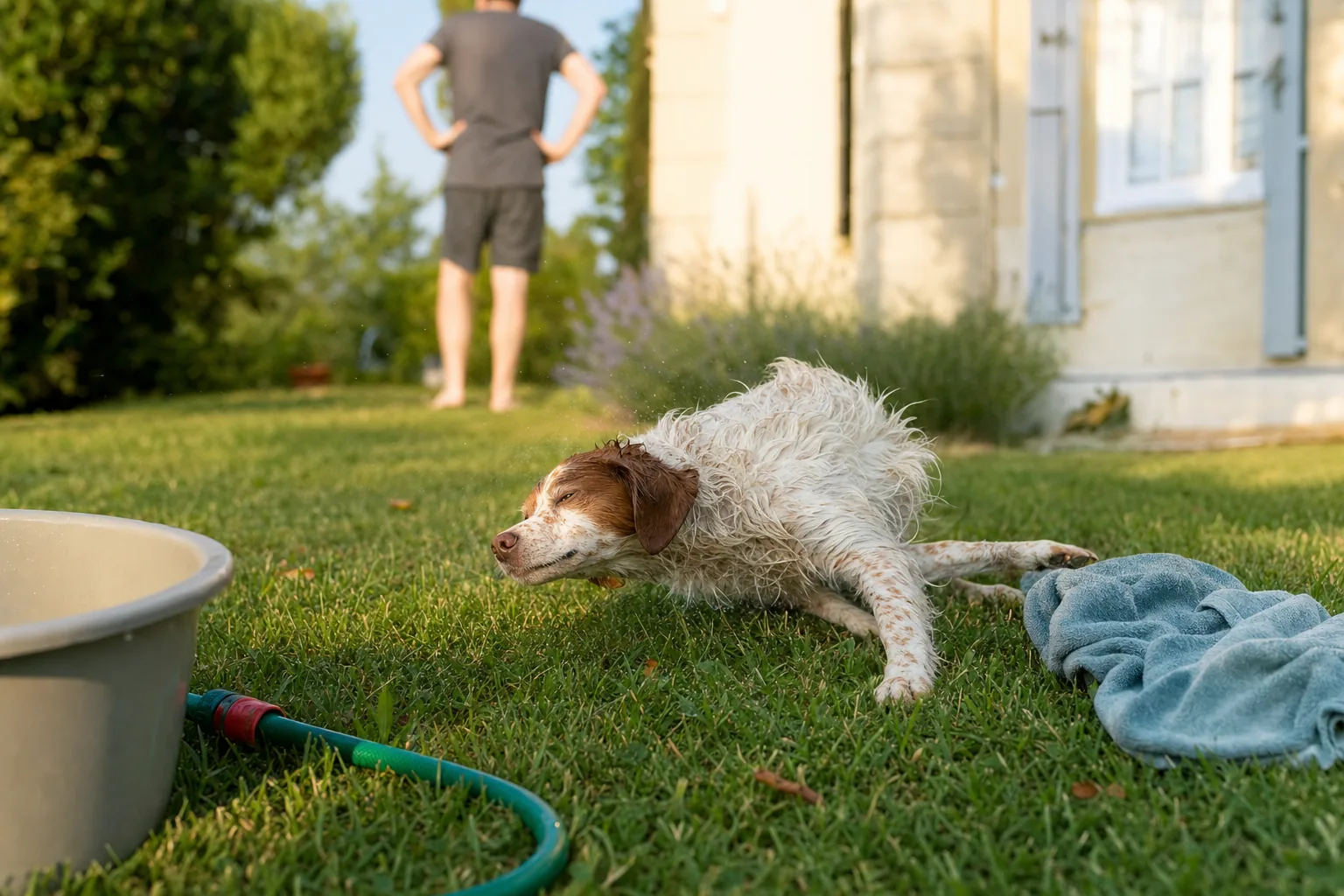Épagneul breton au poil encore mouillé qui se frotte l’épaule et la tête dans la pelouse d’un jardin, serviette et bassine posées à côté