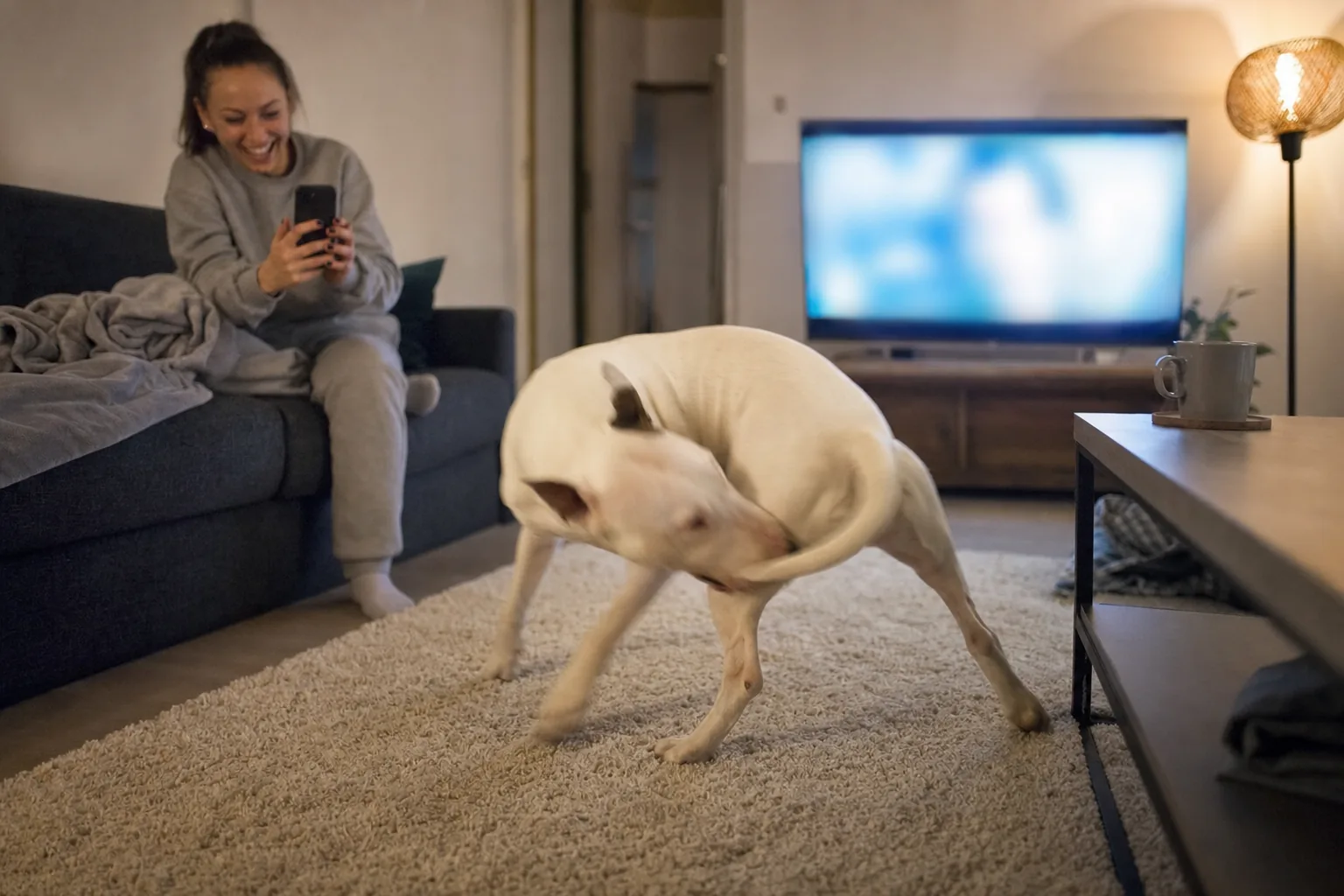 Dans un salon le soir, un bull terrier blanc tourne après sa queue sur un tapis tandis qu’une jeune femme le filme depuis le canapé, télévision allumée