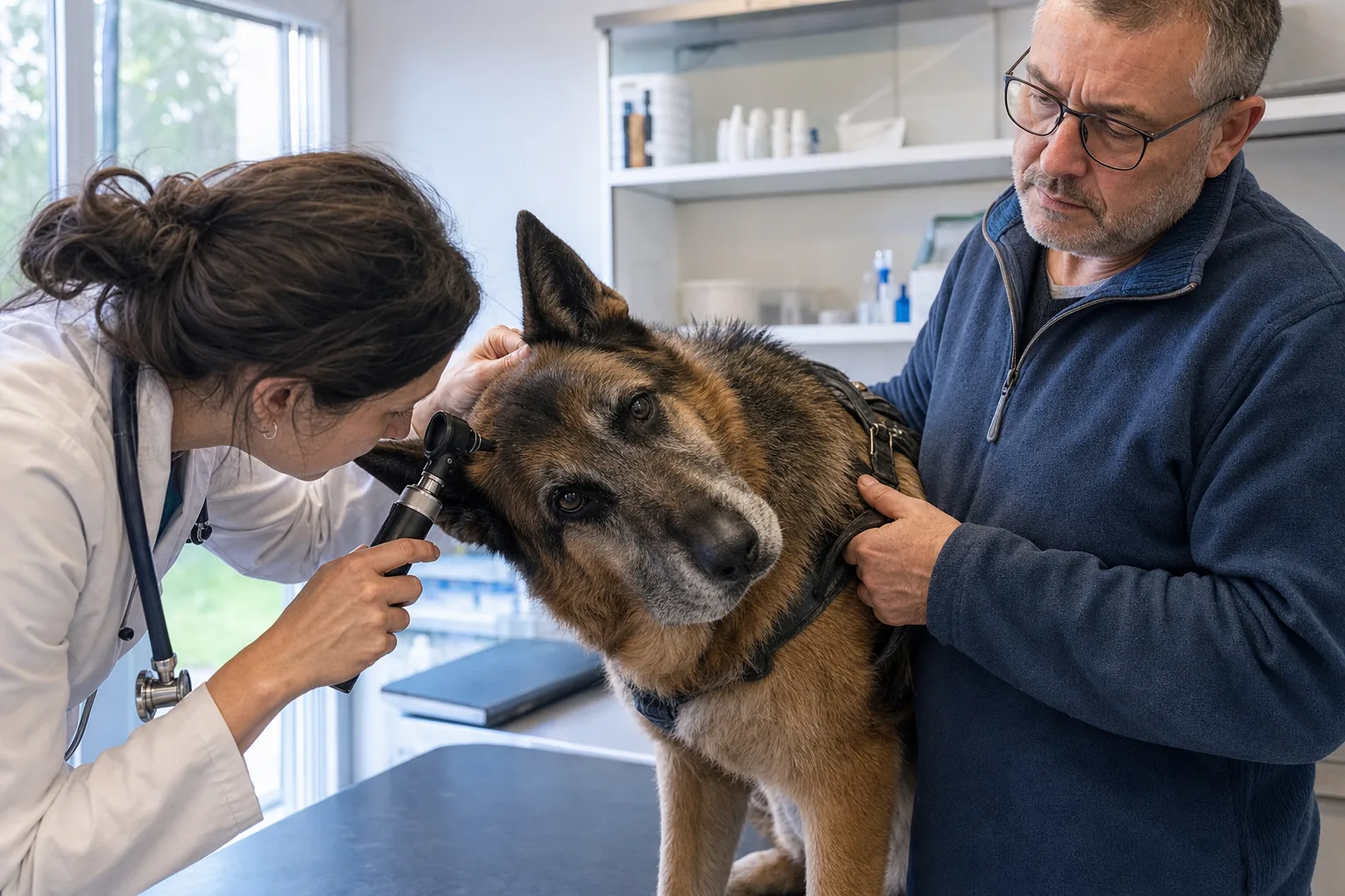 Sur la table d’un cabinet vétérinaire, une vétérinaire examine à l’otoscope l’oreille d’un berger allemand âgé tenu par son maître