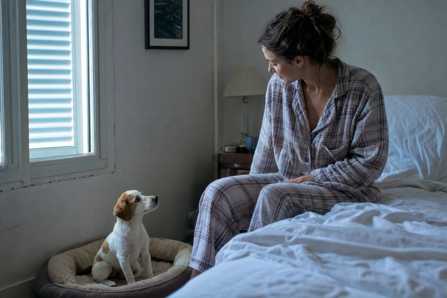 Chiot blanc et roux dans un panier au sol près du lit, avec sa maîtresse assise à proximité à l’aube