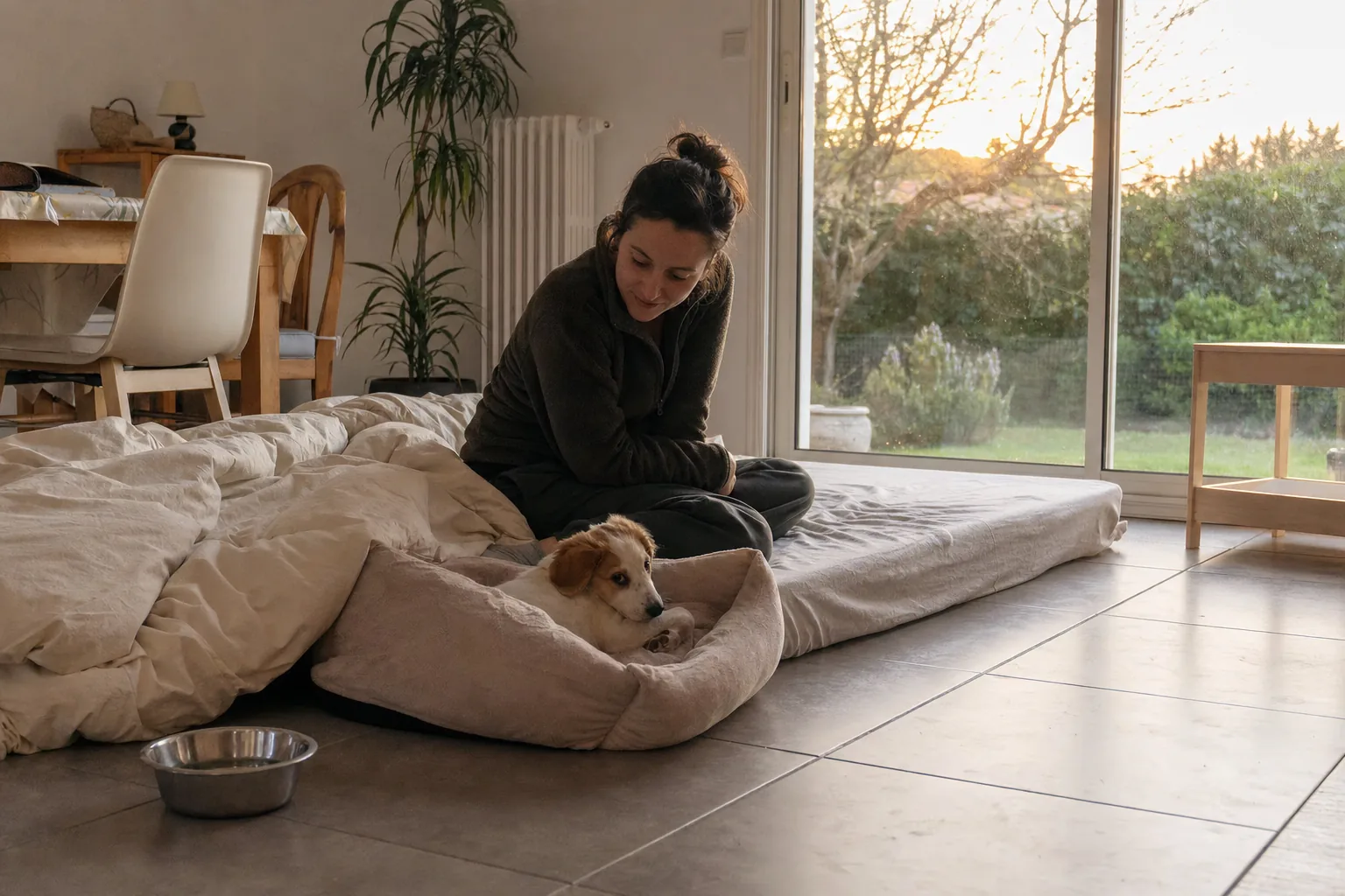 Femme assise sur un matelas temporaire dans le séjour, près du panier de son chiot blanc et roux
