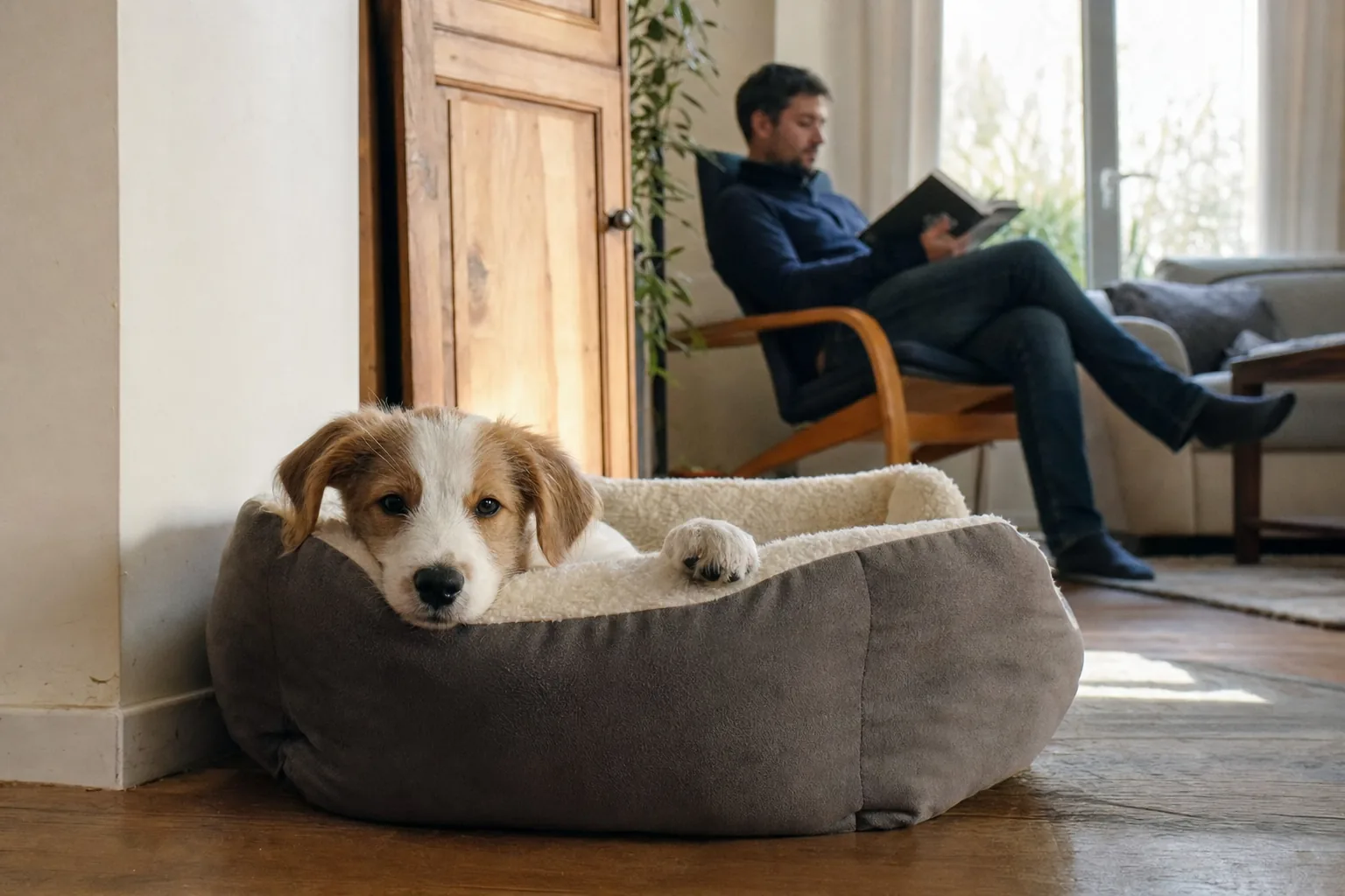 Chiot blanc et roux détendu dans son panier, avec un homme qui lit à distance dans la même pièce
