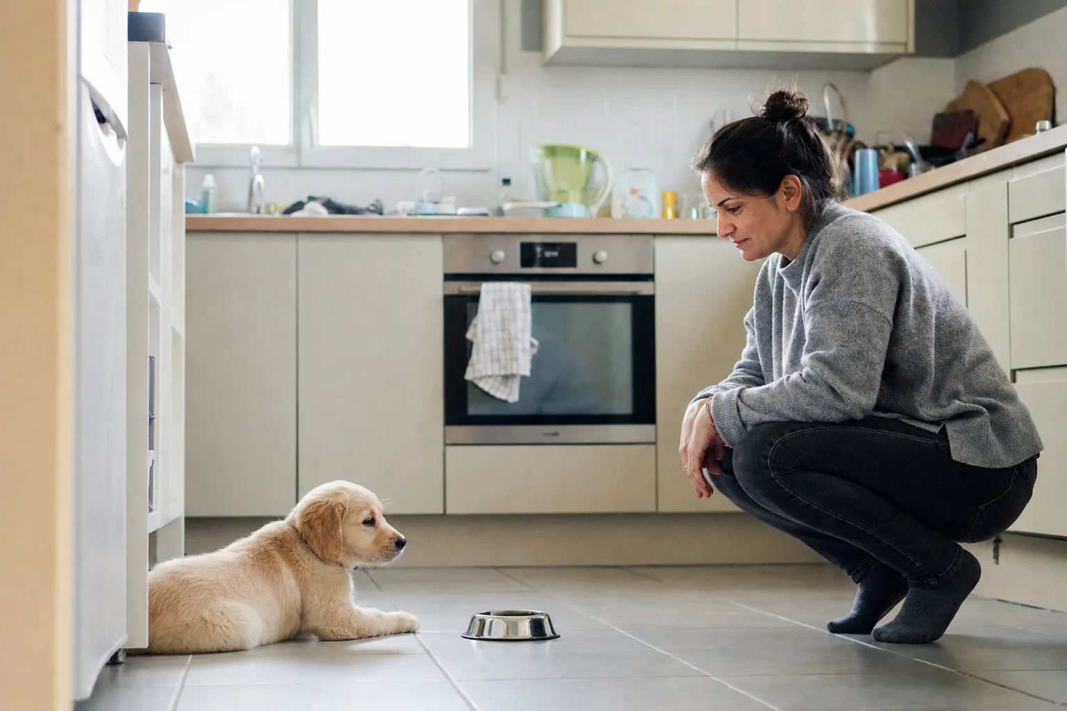 Chiot beige couché sur le carrelage d’une cuisine, une femme accroupie à distance qui l’observe sans le toucher