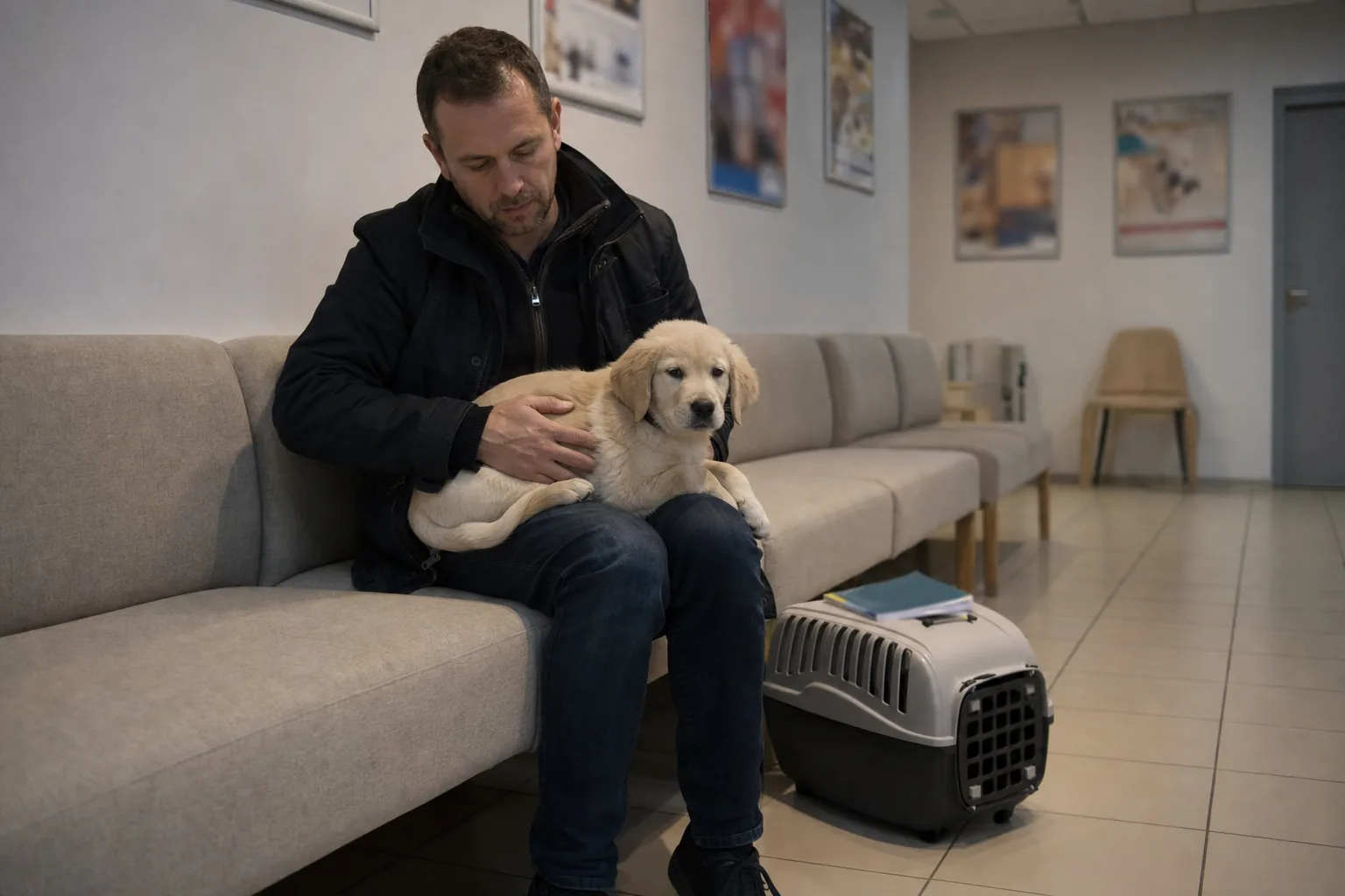 Homme assis dans une salle d’attente vétérinaire, son chiot beige sur les genoux, caisse de transport posée au sol
