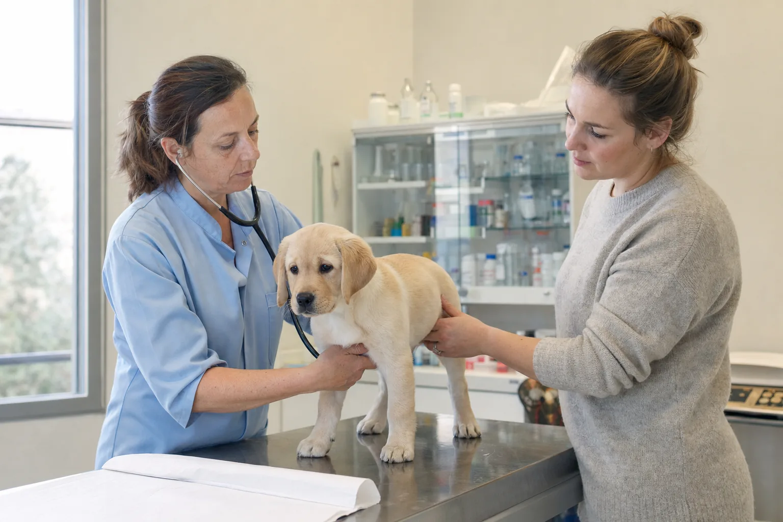 Une vétérinaire ausculte au stéthoscope un chiot labrador sable posé sur la table d’examen, sa propriétaire le retenant par l’arrière-train