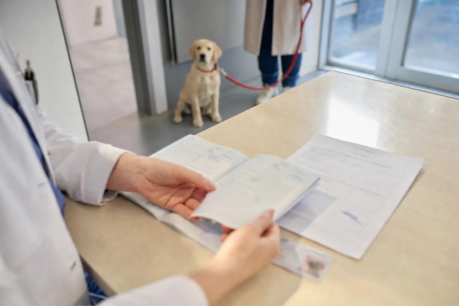 Les mains d’une vétérinaire feuillettent un carnet de santé posé sur le comptoir d’accueil, un chiot labrador attendant au bout de sa laisse en arrière-plan